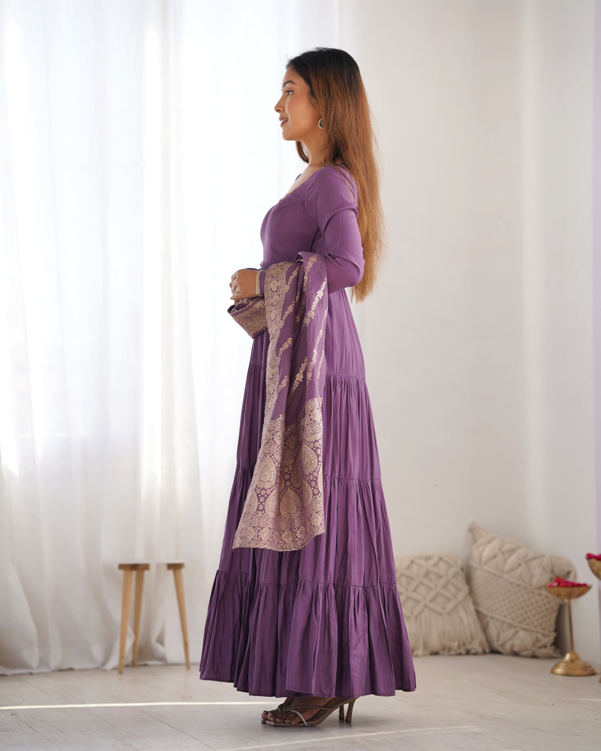 Elegant Pure Roman Silk 9 Mtr Flared Designer Anarkali Suit - INDIAN ELEGANCE