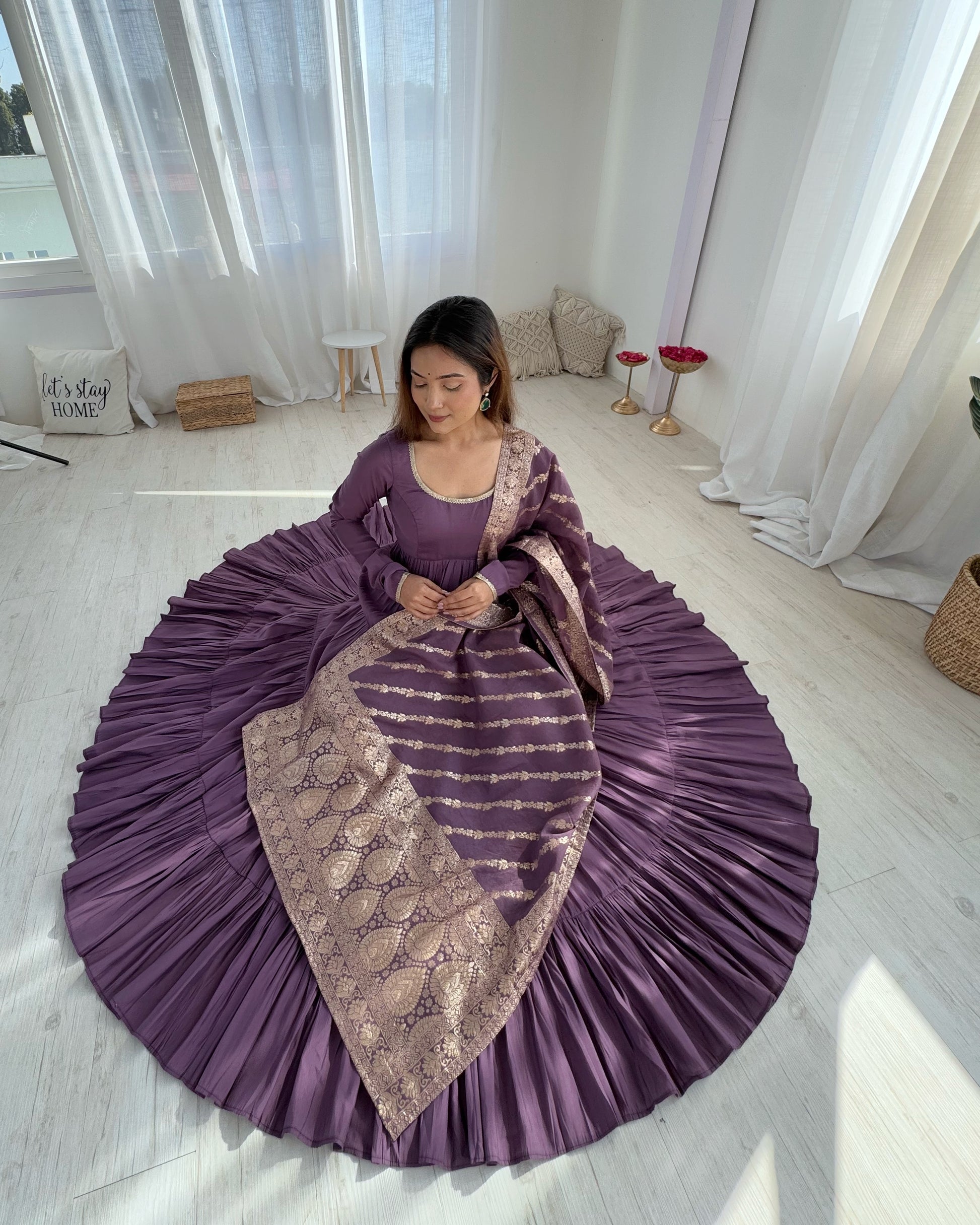 Elegant Pure Roman Silk 9 Mtr Flared Designer Anarkali Suit - INDIAN ELEGANCE