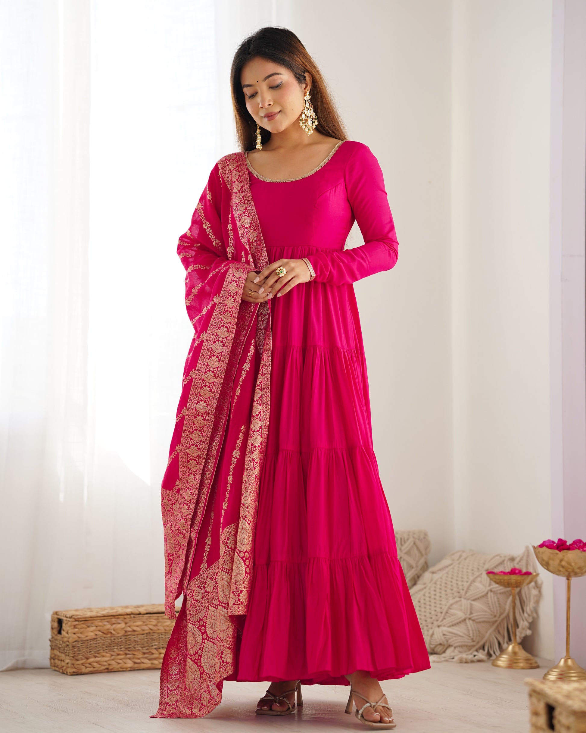 Elegant Pure Roman Silk 9 Mtr Flared Designer Anarkali Suit - INDIAN ELEGANCE