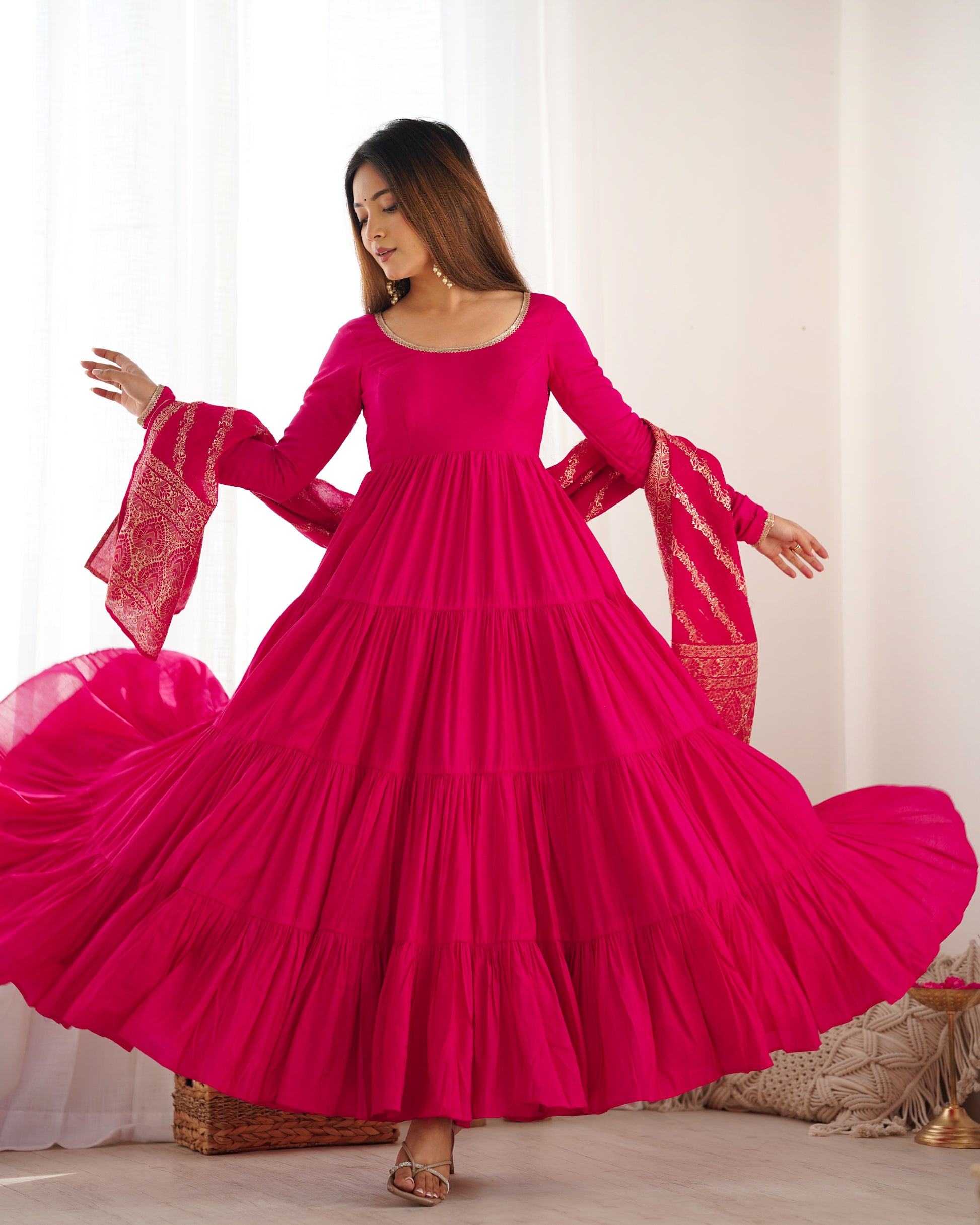 Elegant Pure Roman Silk 9 Mtr Flared Designer Anarkali Suit - INDIAN ELEGANCE
