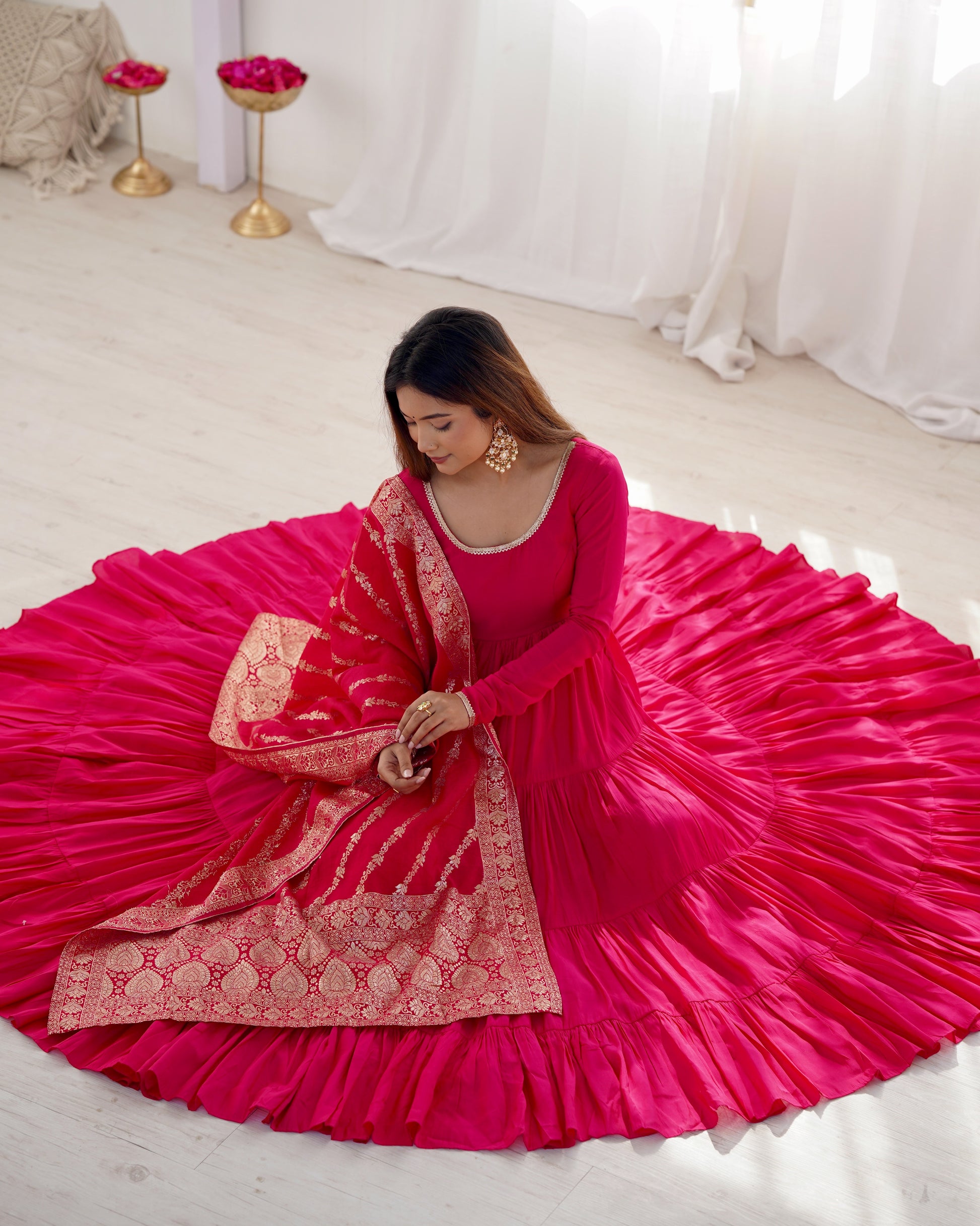 Elegant Pure Roman Silk 9 Mtr Flared Designer Anarkali Suit - INDIAN ELEGANCE