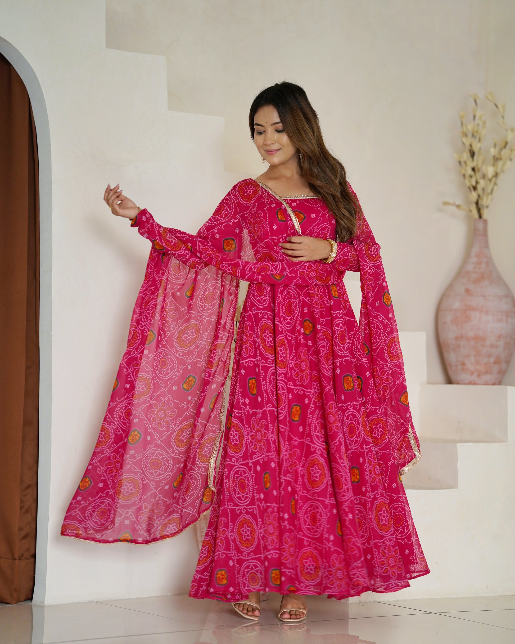 Stylish Pure Chiffon Intricate Bandhej Printed Anarkali Pant Suit - INDIAN ELEGANCE