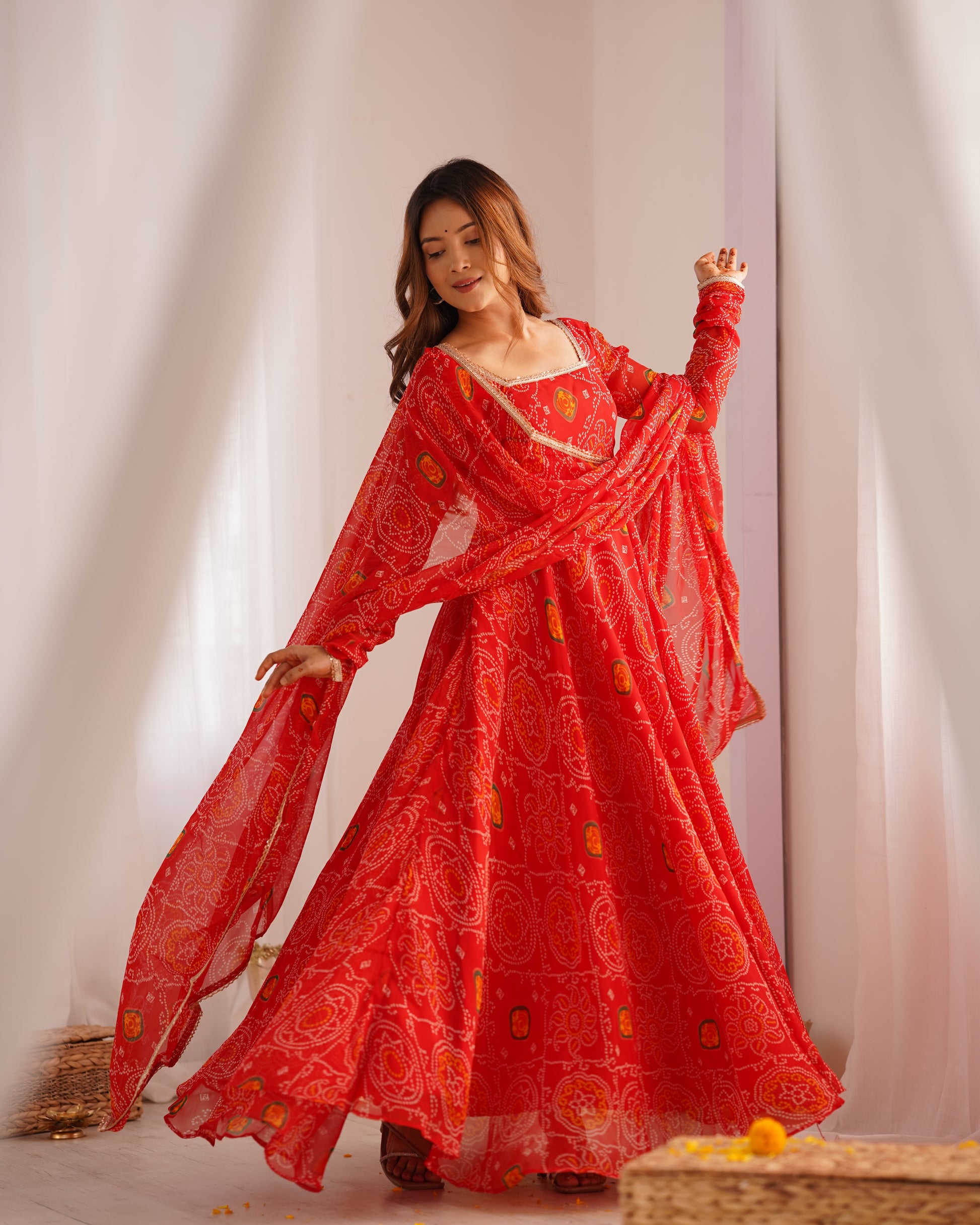 Stylish Pure Chiffon Intricate Bandhej Printed Anarkali Pant Suit - INDIAN ELEGANCE