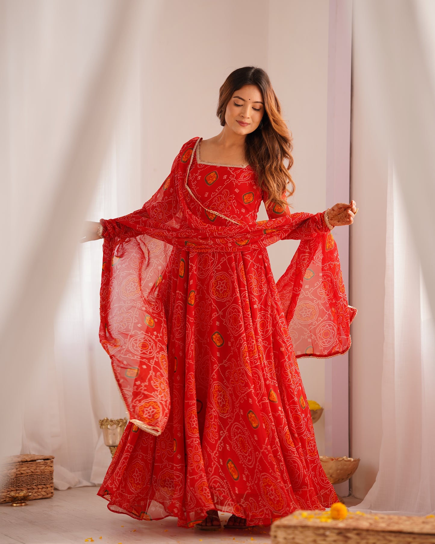 Stylish Pure Chiffon Intricate Bandhej Printed Anarkali Pant Suit - INDIAN ELEGANCE