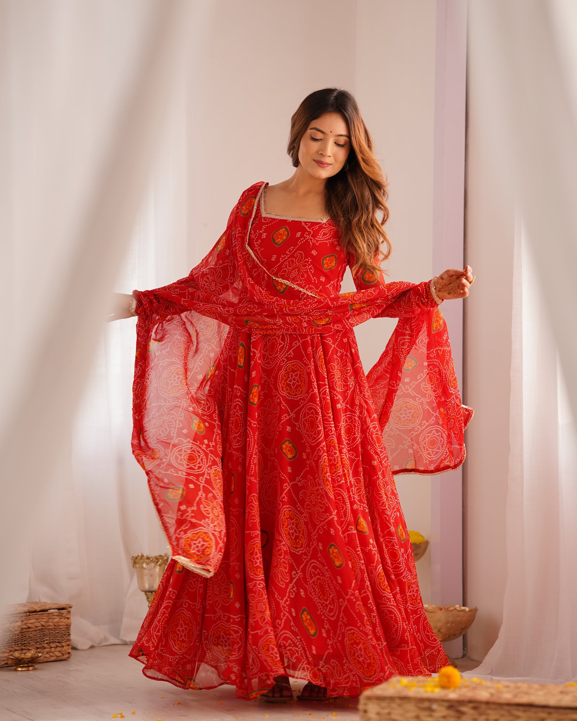 Stylish Pure Chiffon Intricate Bandhej Printed Anarkali Pant Suit - INDIAN ELEGANCE