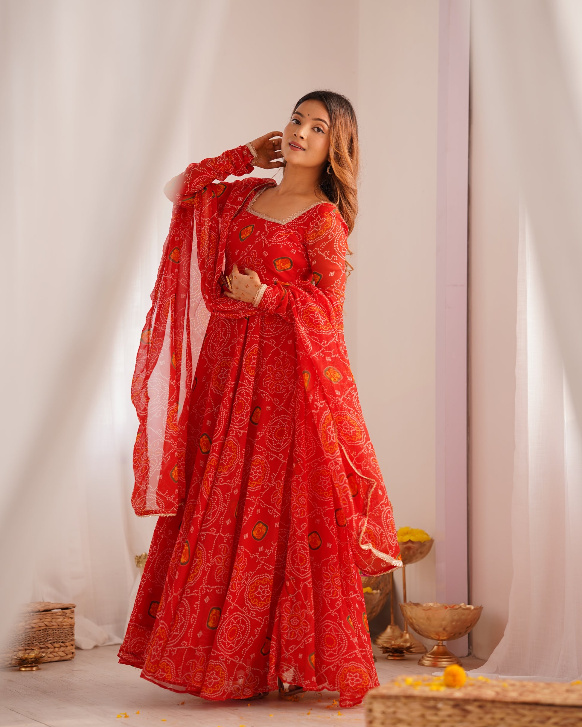 Stylish Pure Chiffon Intricate Bandhej Printed Anarkali Pant Suit - INDIAN ELEGANCE