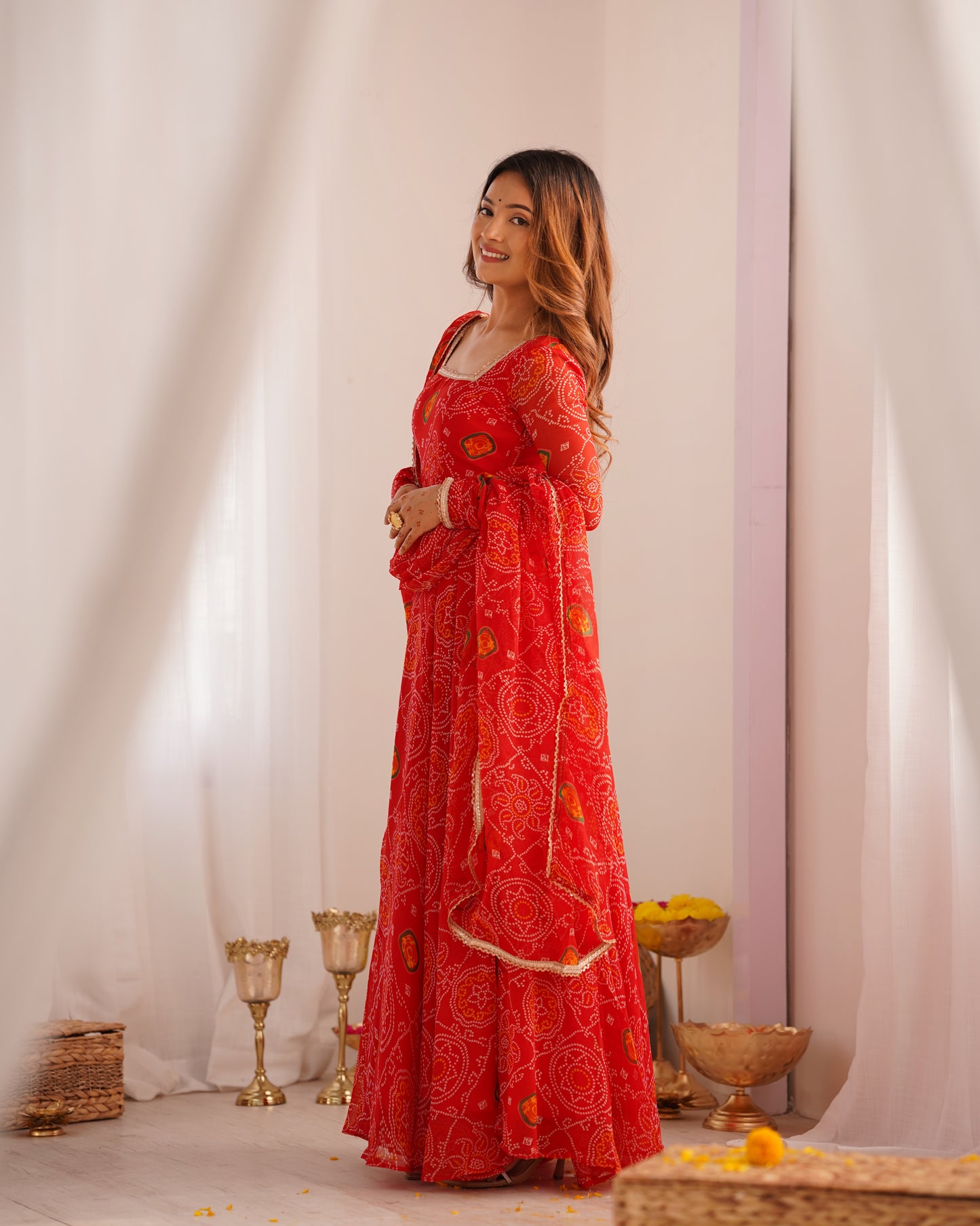 Stylish Pure Chiffon Intricate Bandhej Printed Anarkali Pant Suit - INDIAN ELEGANCE