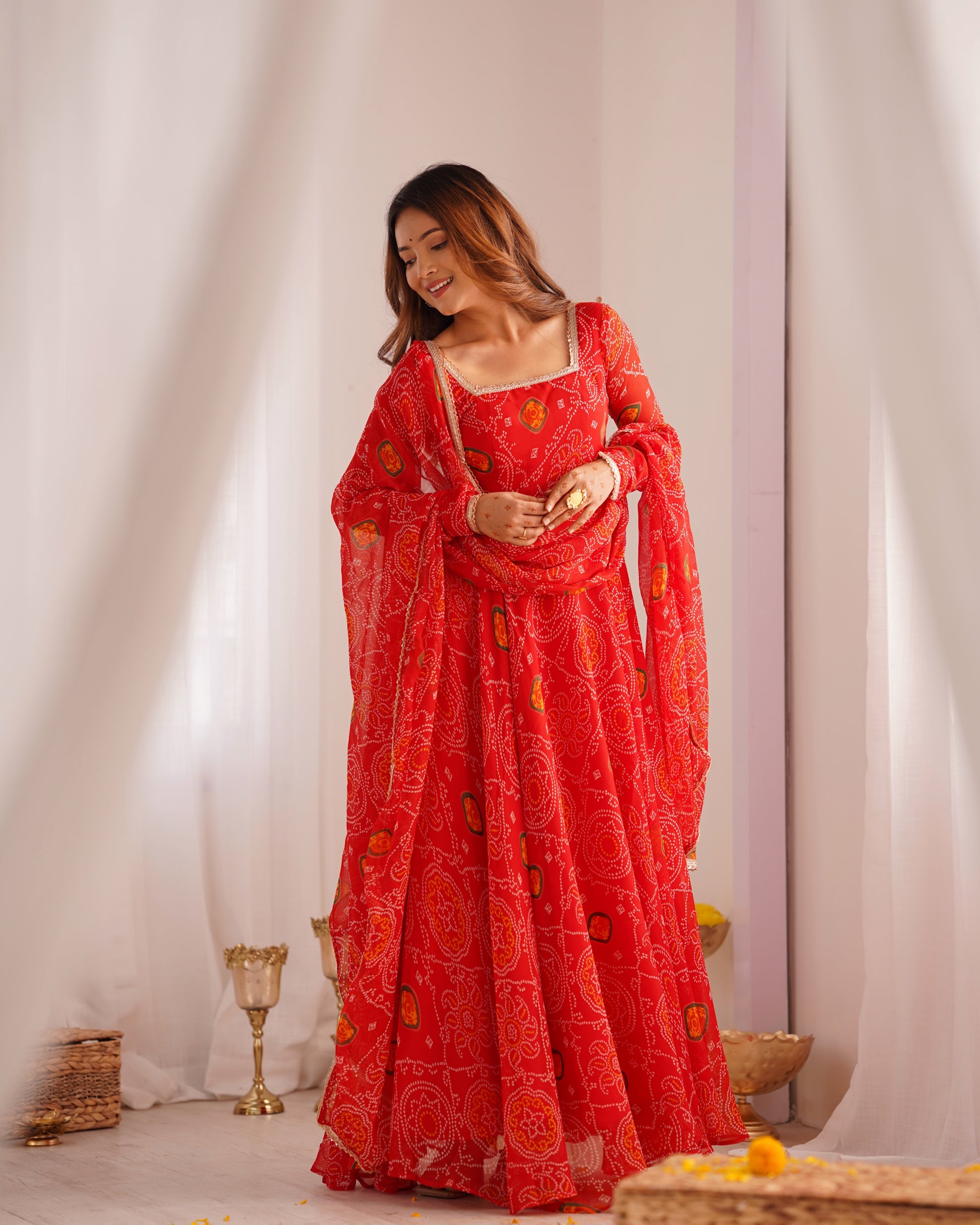 Stylish Pure Chiffon Intricate Bandhej Printed Anarkali Pant Suit - INDIAN ELEGANCE
