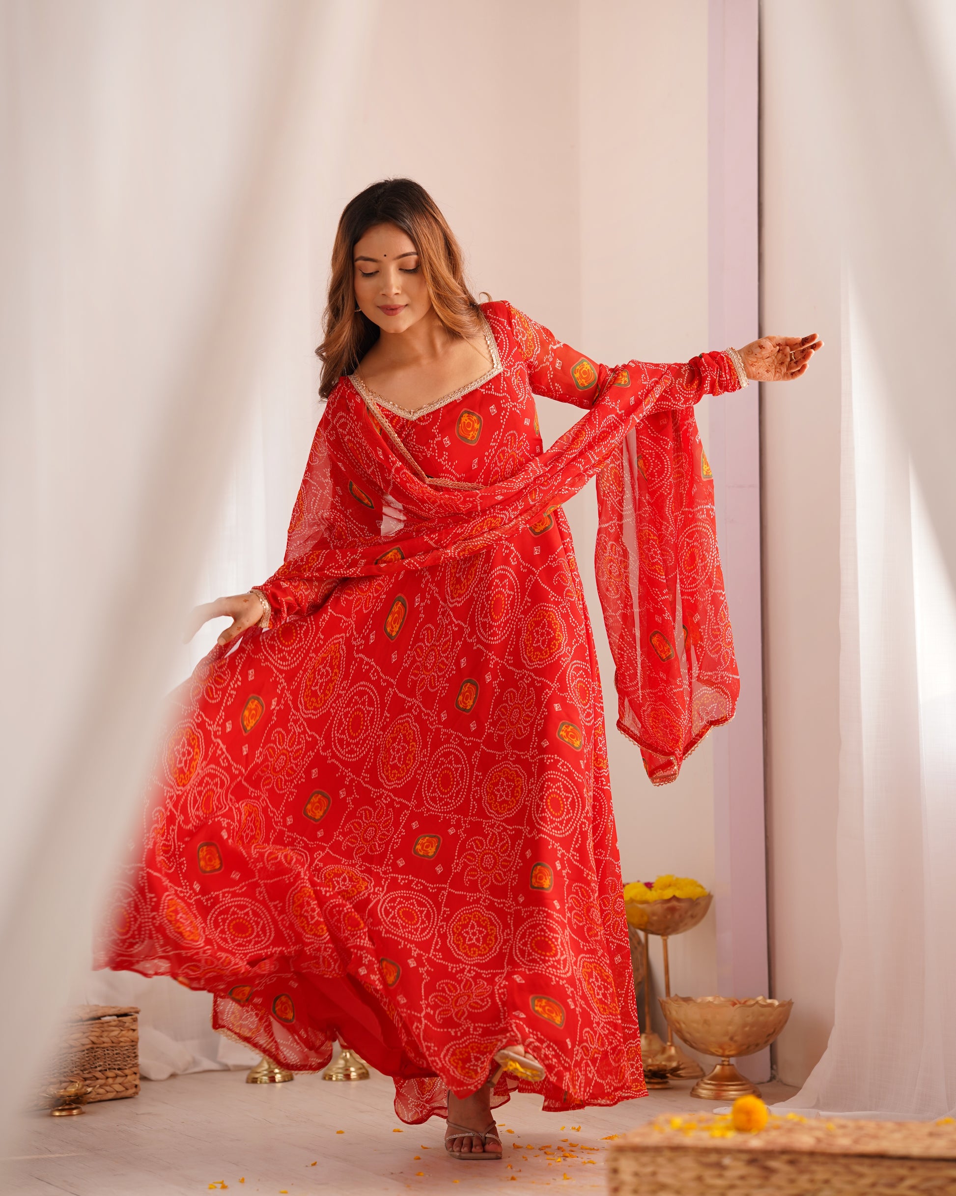 Stylish Pure Chiffon Intricate Bandhej Printed Anarkali Pant Suit - INDIAN ELEGANCE