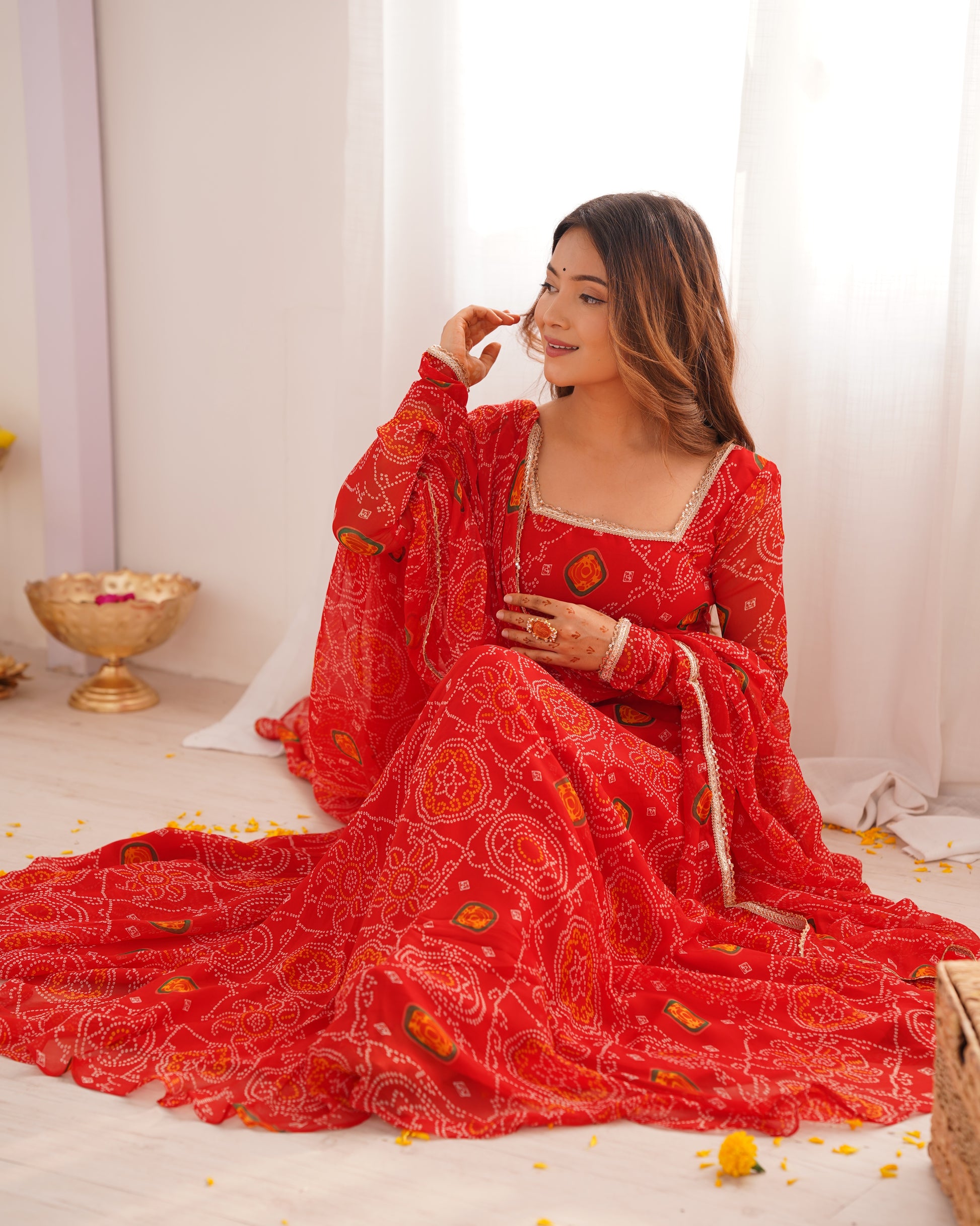 Stylish Pure Chiffon Intricate Bandhej Printed Anarkali Pant Suit - INDIAN ELEGANCE