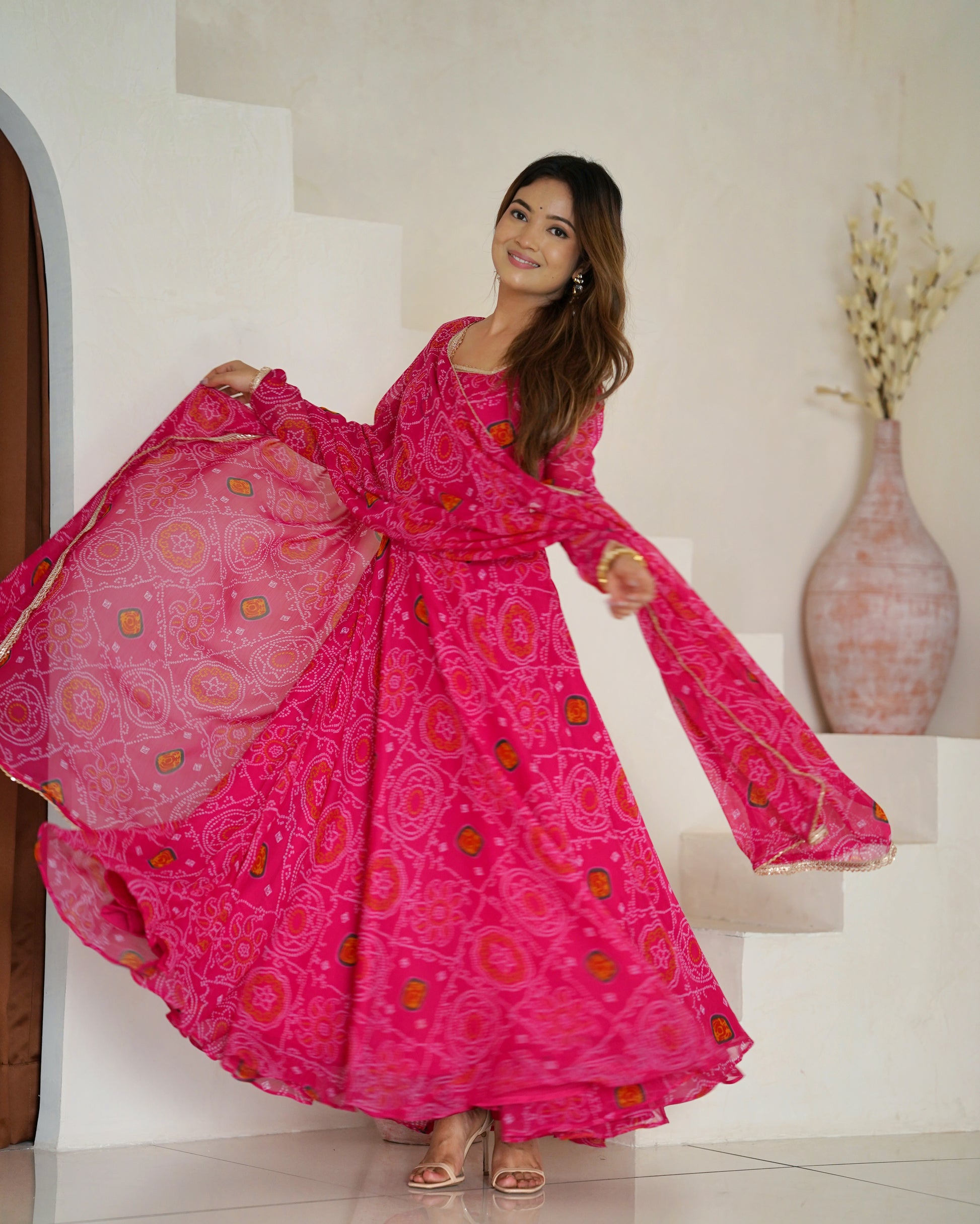 Stylish Pure Chiffon Intricate Bandhej Printed Anarkali Pant Suit - INDIAN ELEGANCE