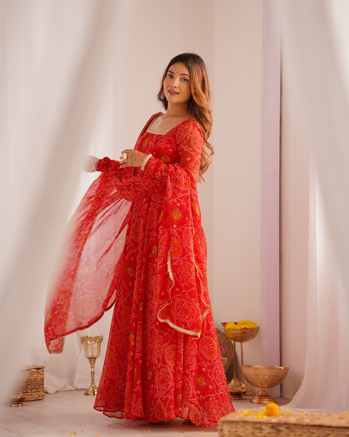 Stylish Pure Chiffon Intricate Bandhej Printed Anarkali Pant Suit - INDIAN ELEGANCE