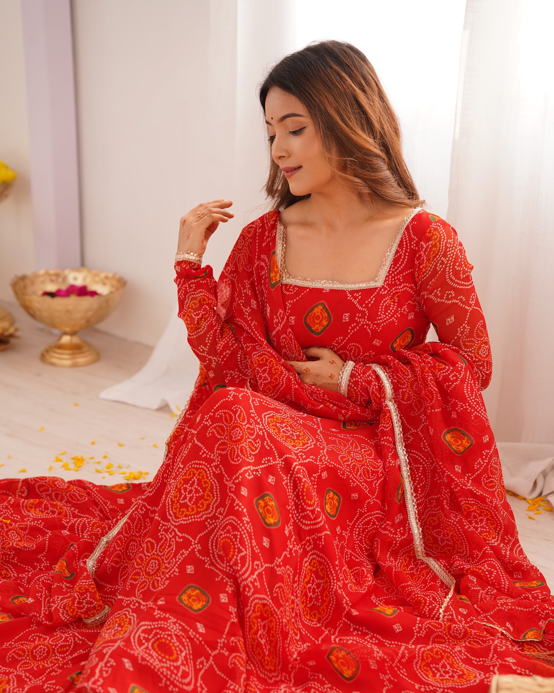 Stylish Pure Chiffon Intricate Bandhej Printed Anarkali Pant Suit - INDIAN ELEGANCE