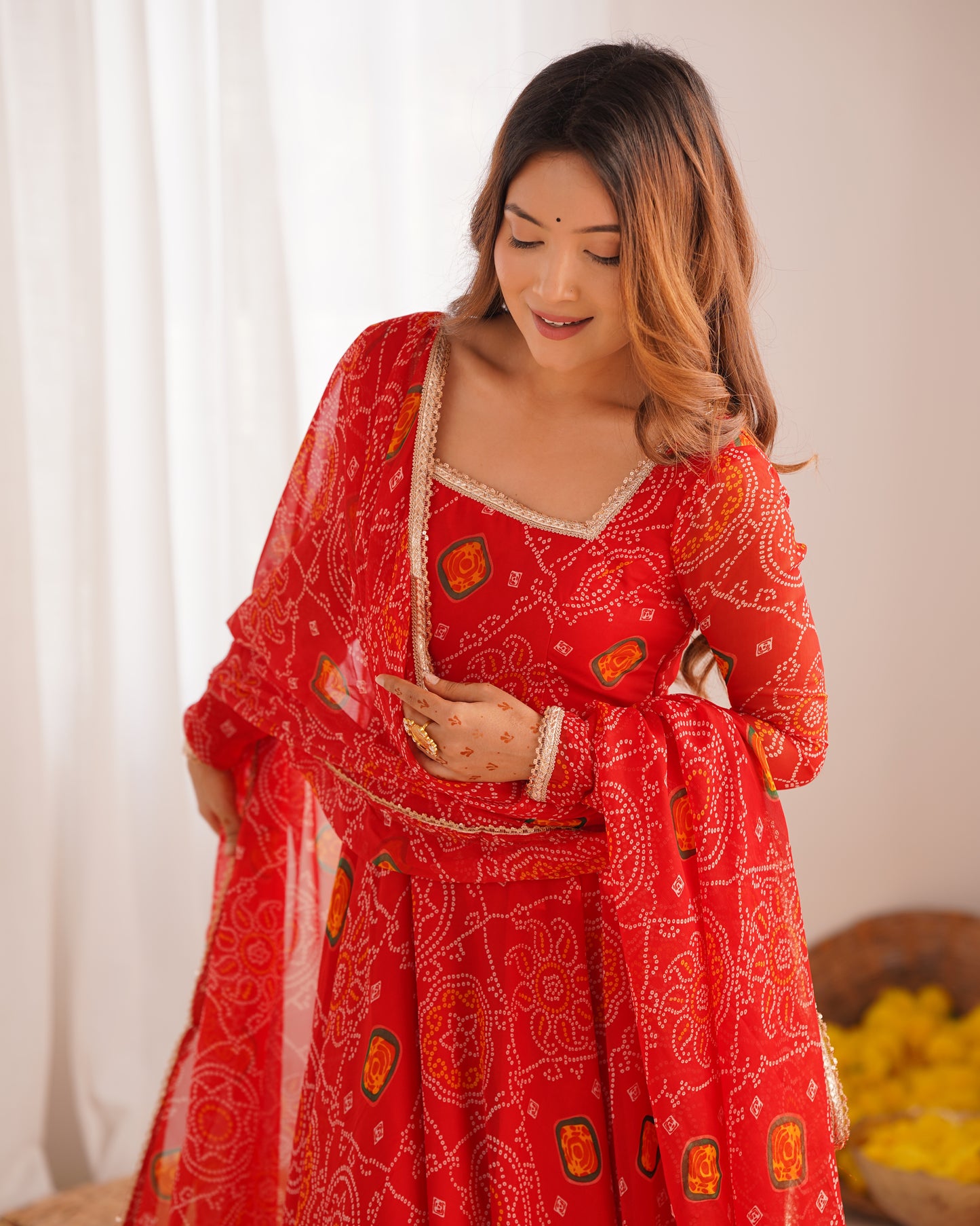 Stylish Pure Chiffon Intricate Bandhej Printed Anarkali Pant Suit - INDIAN ELEGANCE