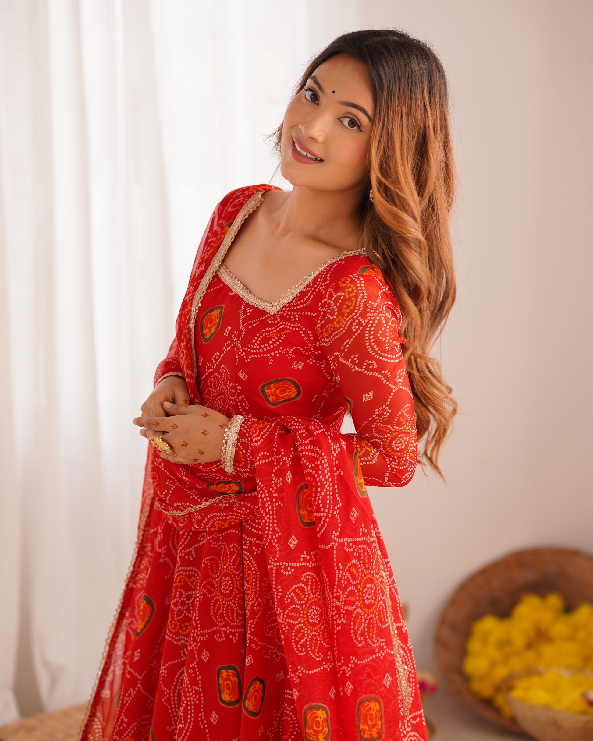 Stylish Pure Chiffon Intricate Bandhej Printed Anarkali Pant Suit - INDIAN ELEGANCE