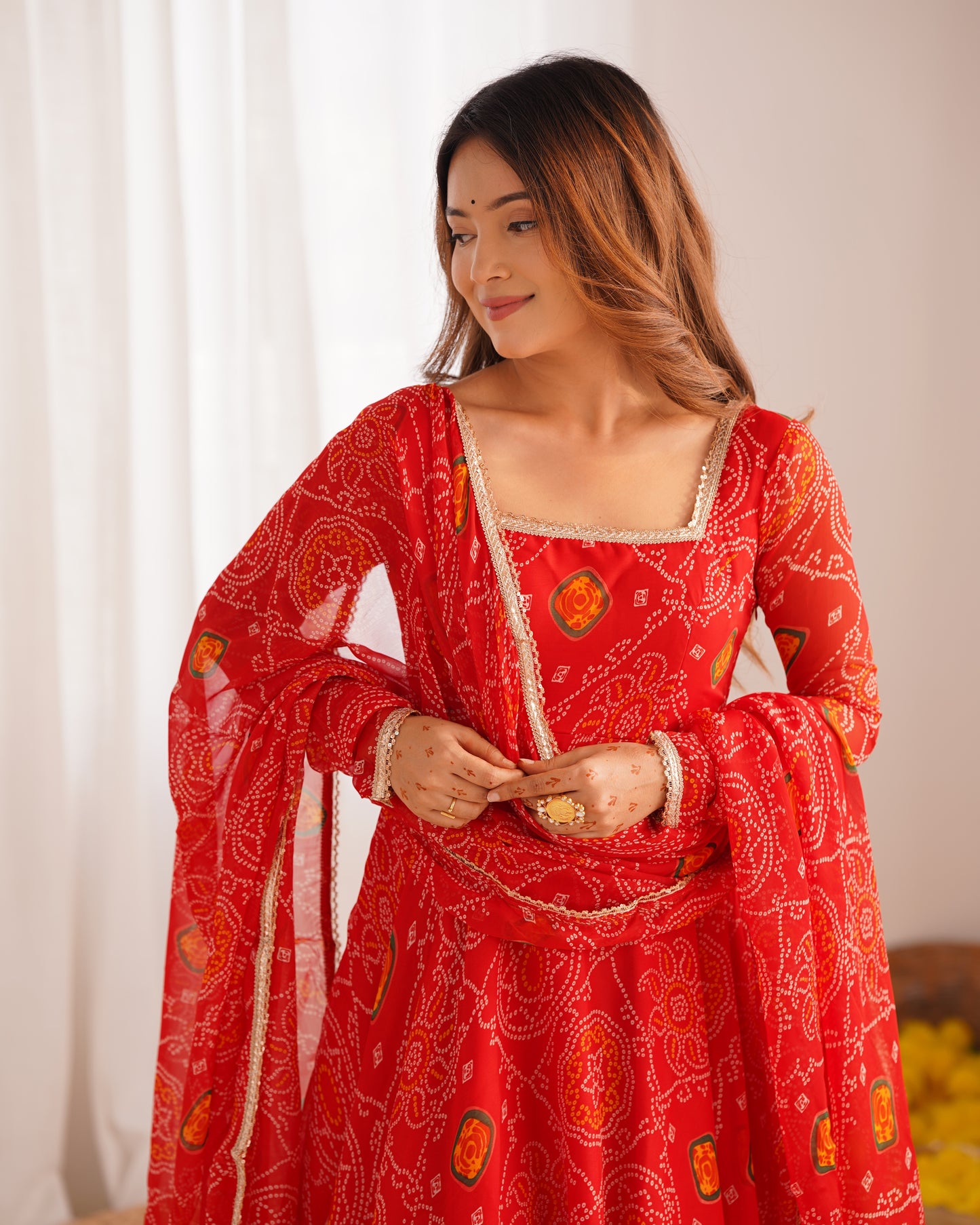 Stylish Pure Chiffon Intricate Bandhej Printed Anarkali Pant Suit - INDIAN ELEGANCE