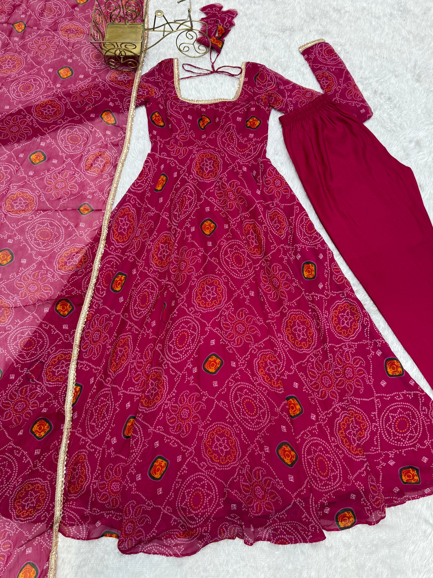 Stylish Pure Chiffon Intricate Bandhej Printed Anarkali Pant Suit - INDIAN ELEGANCE