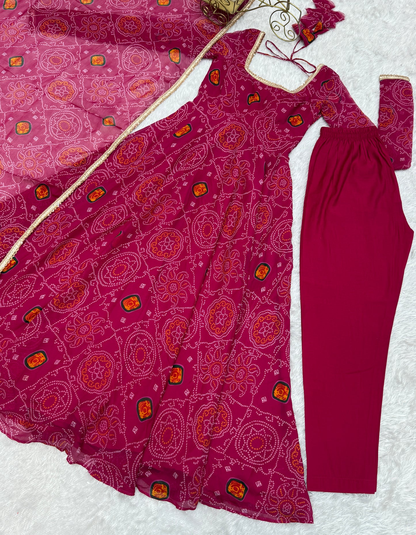 Stylish Pure Chiffon Intricate Bandhej Printed Anarkali Pant Suit - INDIAN ELEGANCE