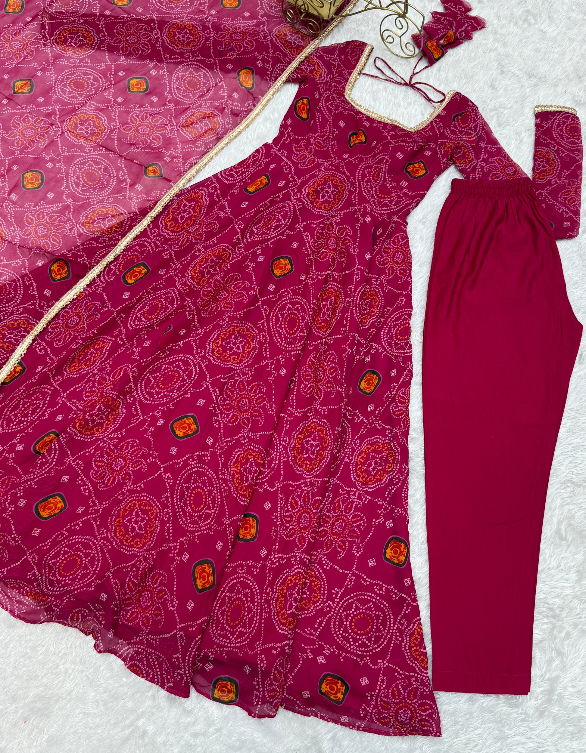 Stylish Pure Chiffon Intricate Bandhej Printed Anarkali Pant Suit - INDIAN ELEGANCE