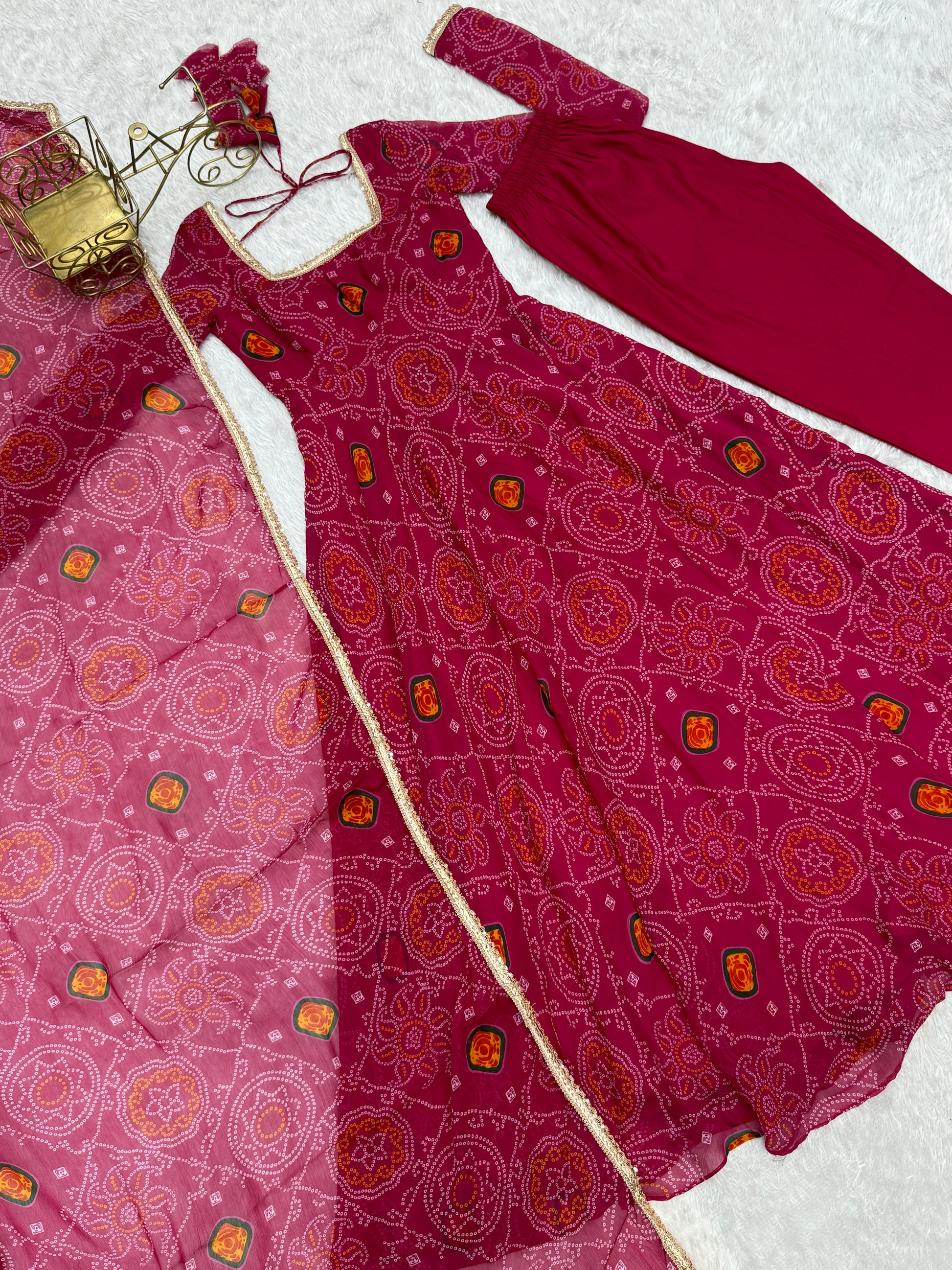 Stylish Pure Chiffon Intricate Bandhej Printed Anarkali Pant Suit - INDIAN ELEGANCE