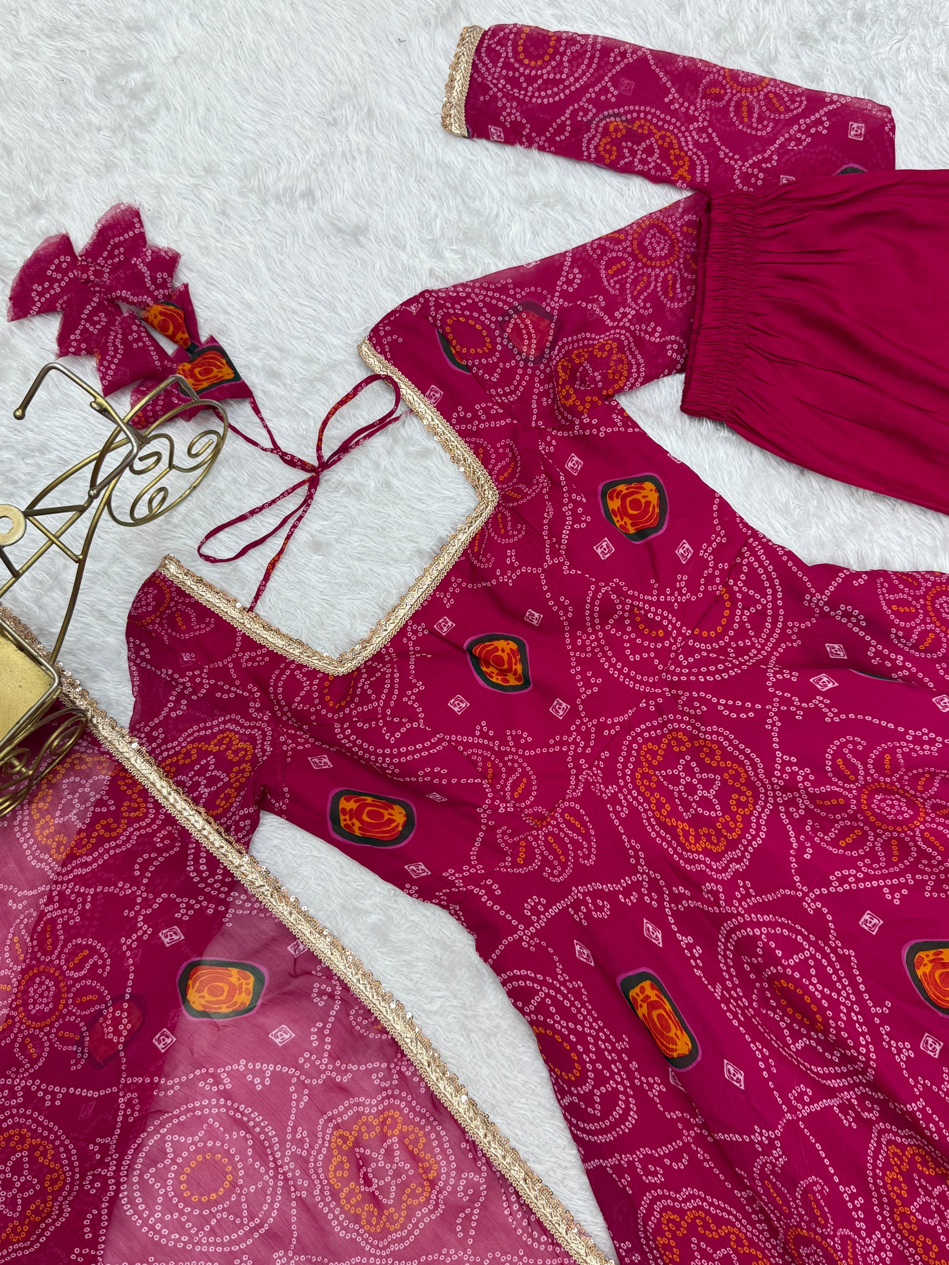 Stylish Pure Chiffon Intricate Bandhej Printed Anarkali Pant Suit - INDIAN ELEGANCE