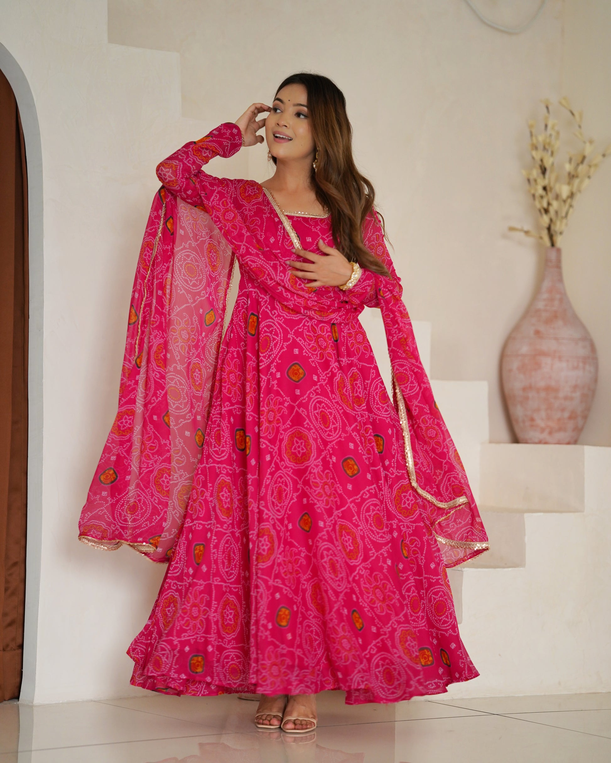 Stylish Pure Chiffon Intricate Bandhej Printed Anarkali Pant Suit - INDIAN ELEGANCE