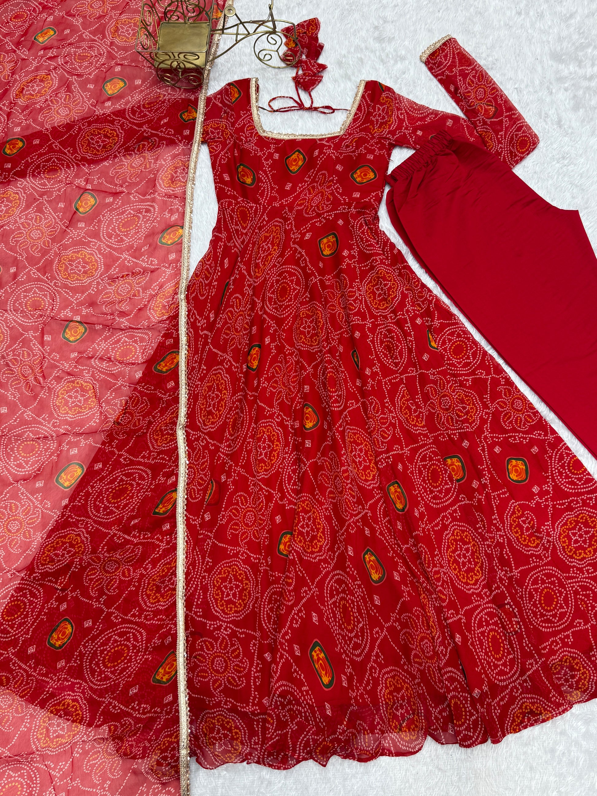 Stylish Pure Chiffon Intricate Bandhej Printed Anarkali Pant Suit - INDIAN ELEGANCE