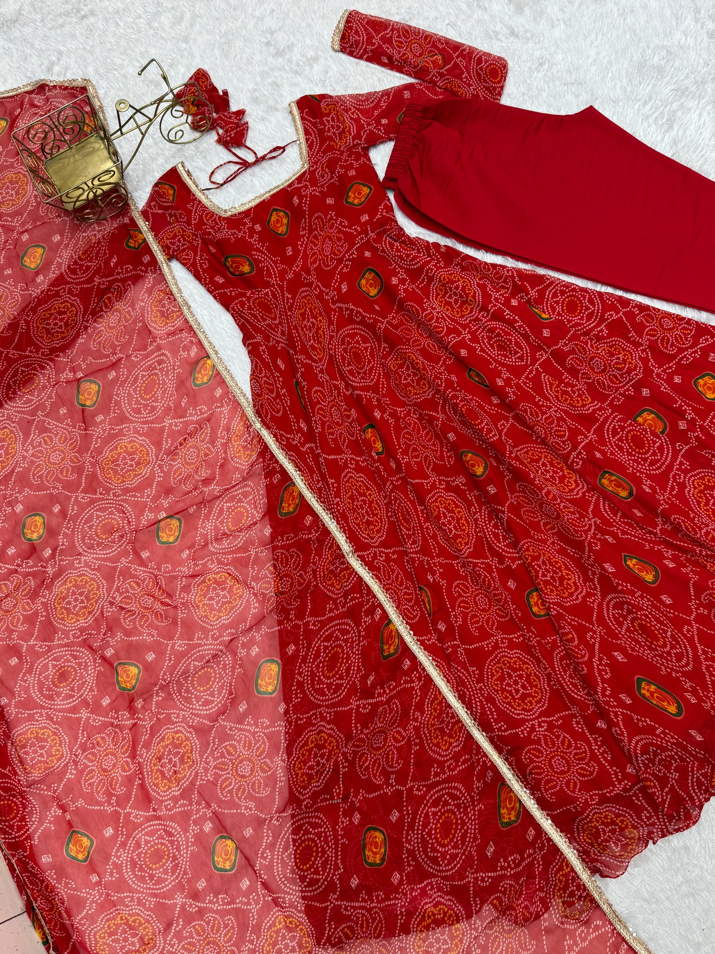 Stylish Pure Chiffon Intricate Bandhej Printed Anarkali Pant Suit - INDIAN ELEGANCE