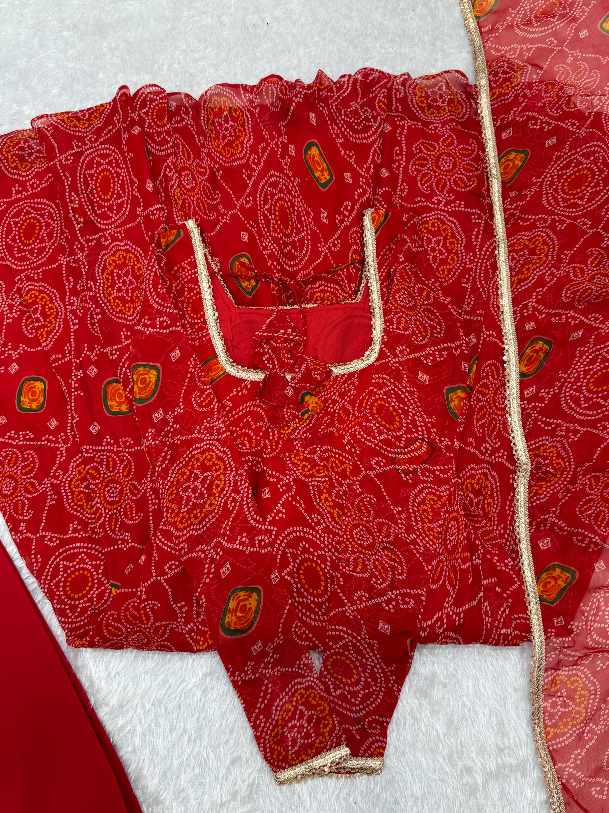 Stylish Pure Chiffon Intricate Bandhej Printed Anarkali Pant Suit - INDIAN ELEGANCE