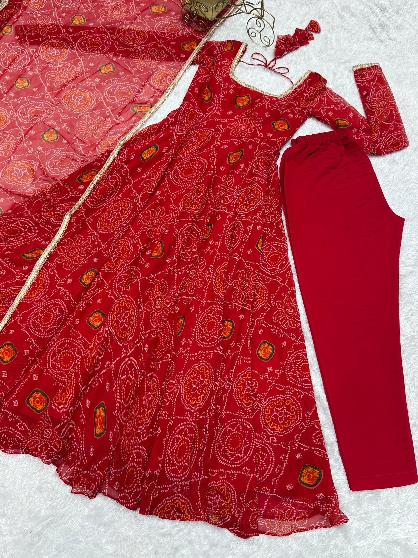 Stylish Pure Chiffon Intricate Bandhej Printed Anarkali Pant Suit - INDIAN ELEGANCE
