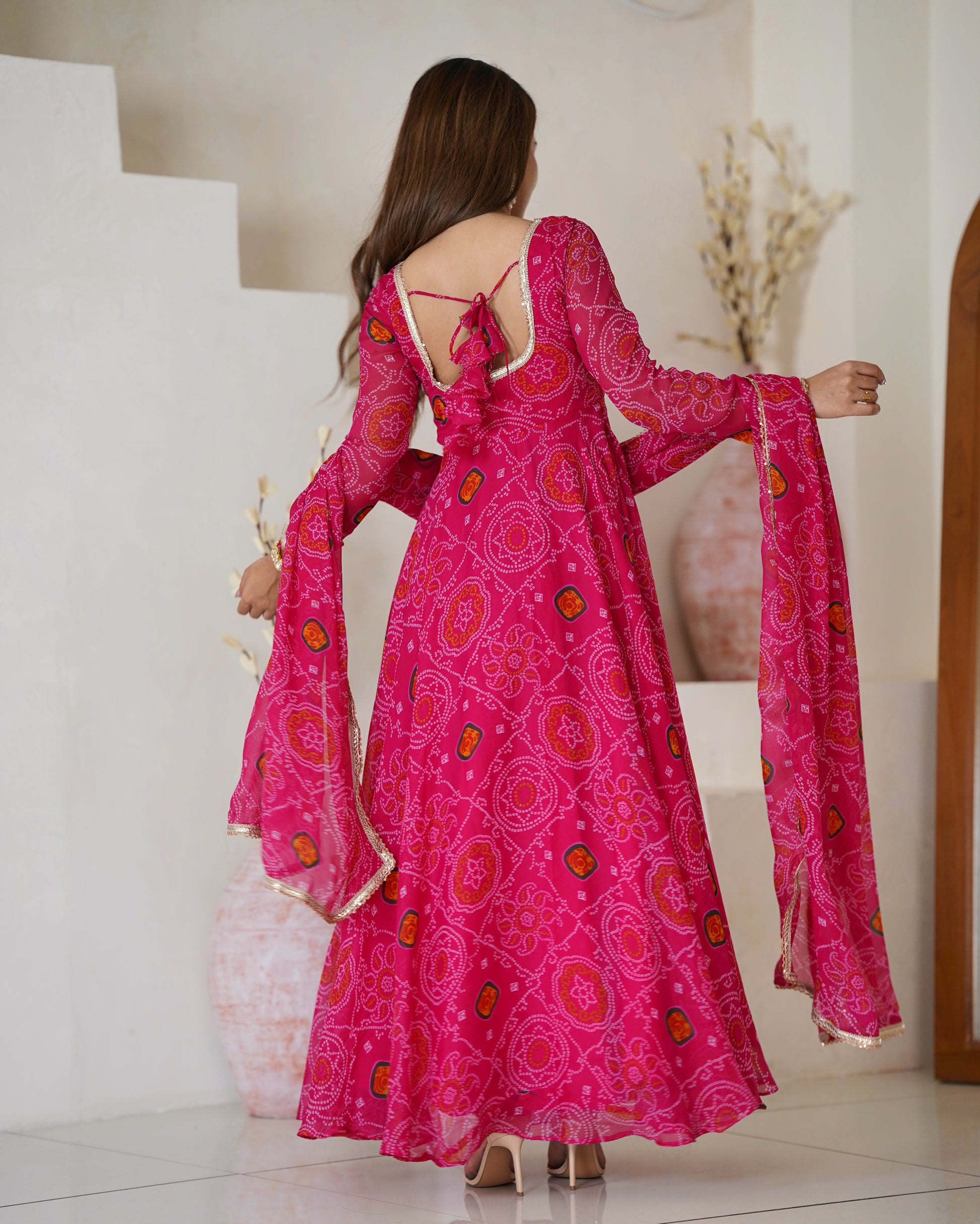 Stylish Pure Chiffon Intricate Bandhej Printed Anarkali Pant Suit - INDIAN ELEGANCE