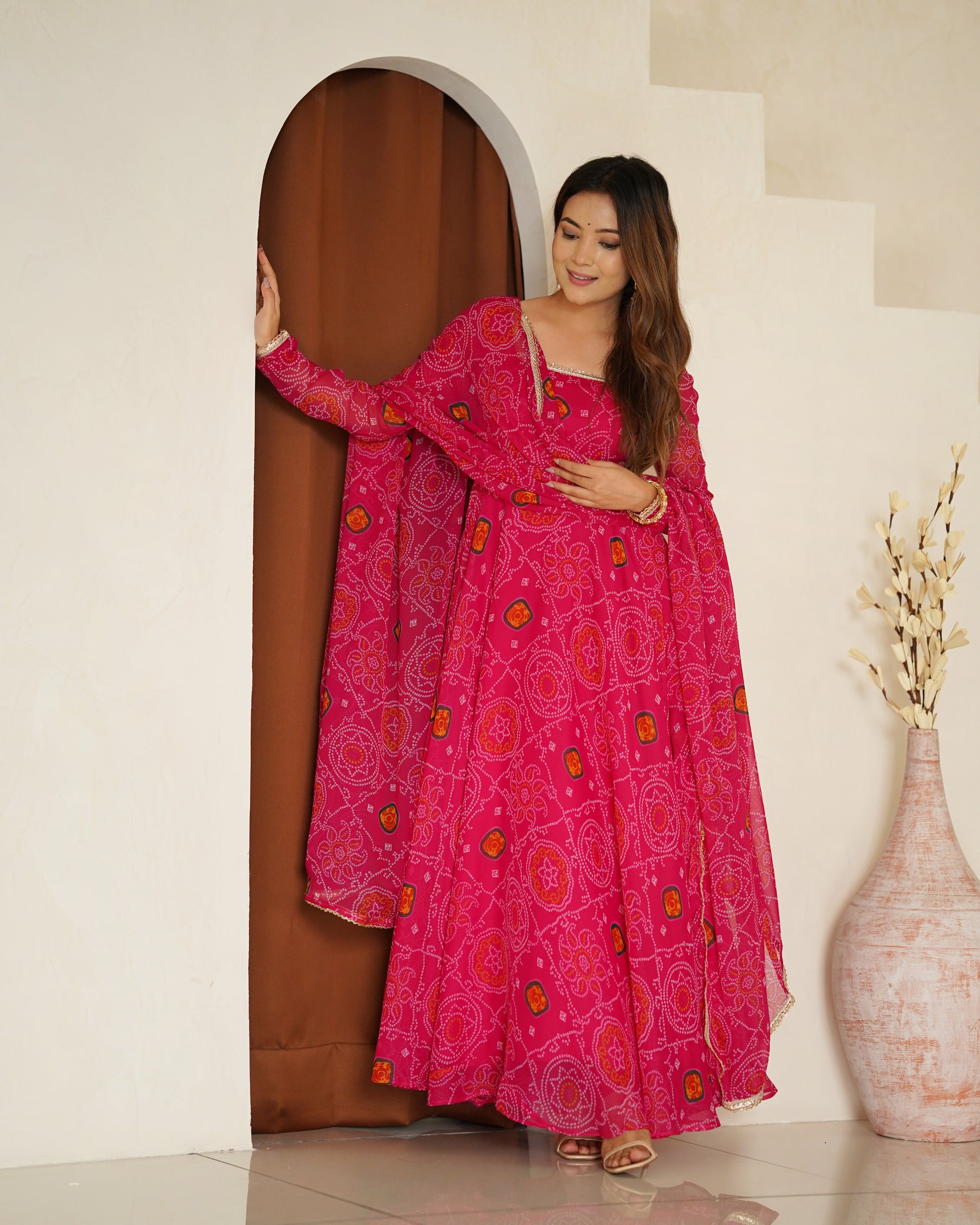 Stylish Pure Chiffon Intricate Bandhej Printed Anarkali Pant Suit - INDIAN ELEGANCE