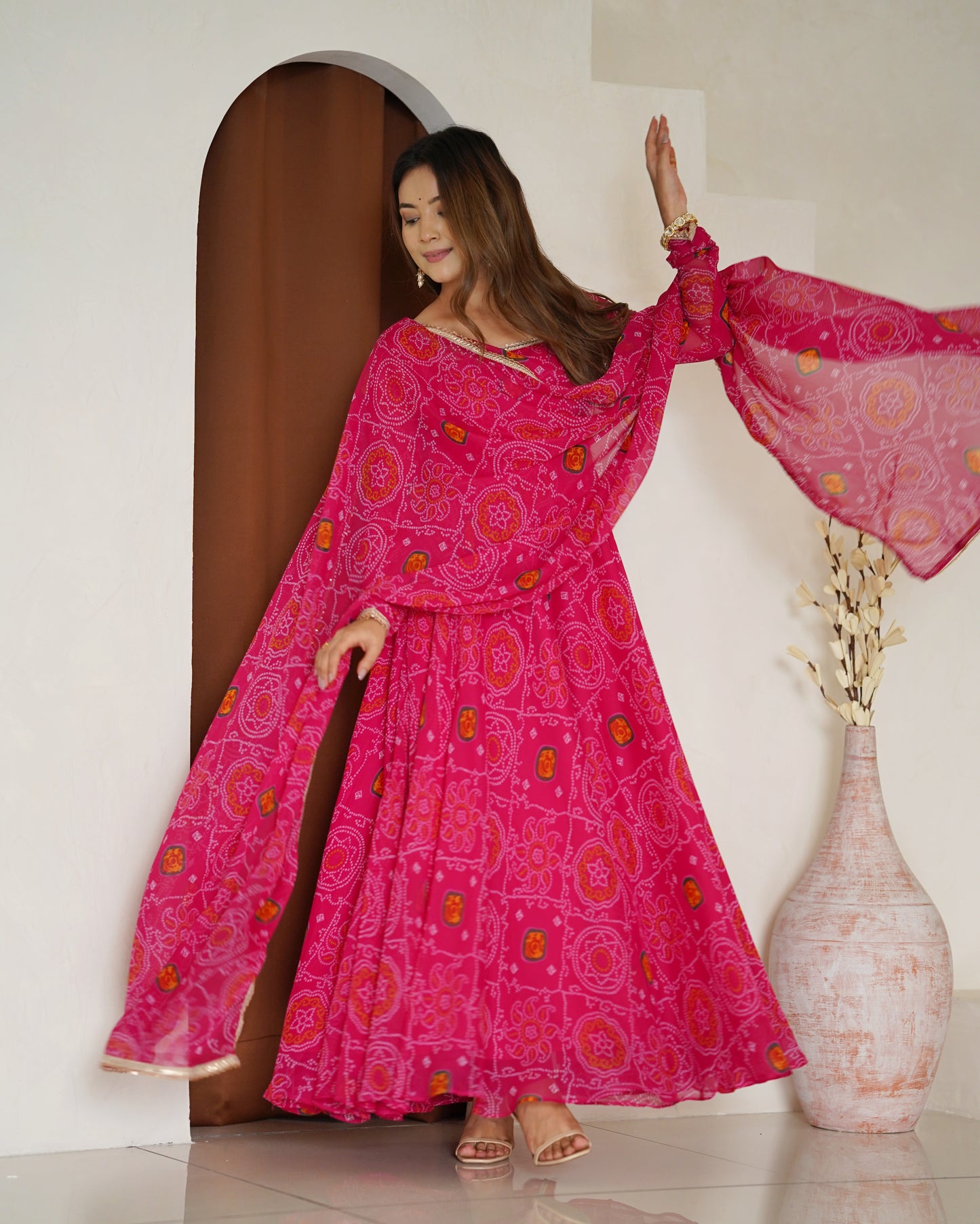 Stylish Pure Chiffon Intricate Bandhej Printed Anarkali Pant Suit - INDIAN ELEGANCE