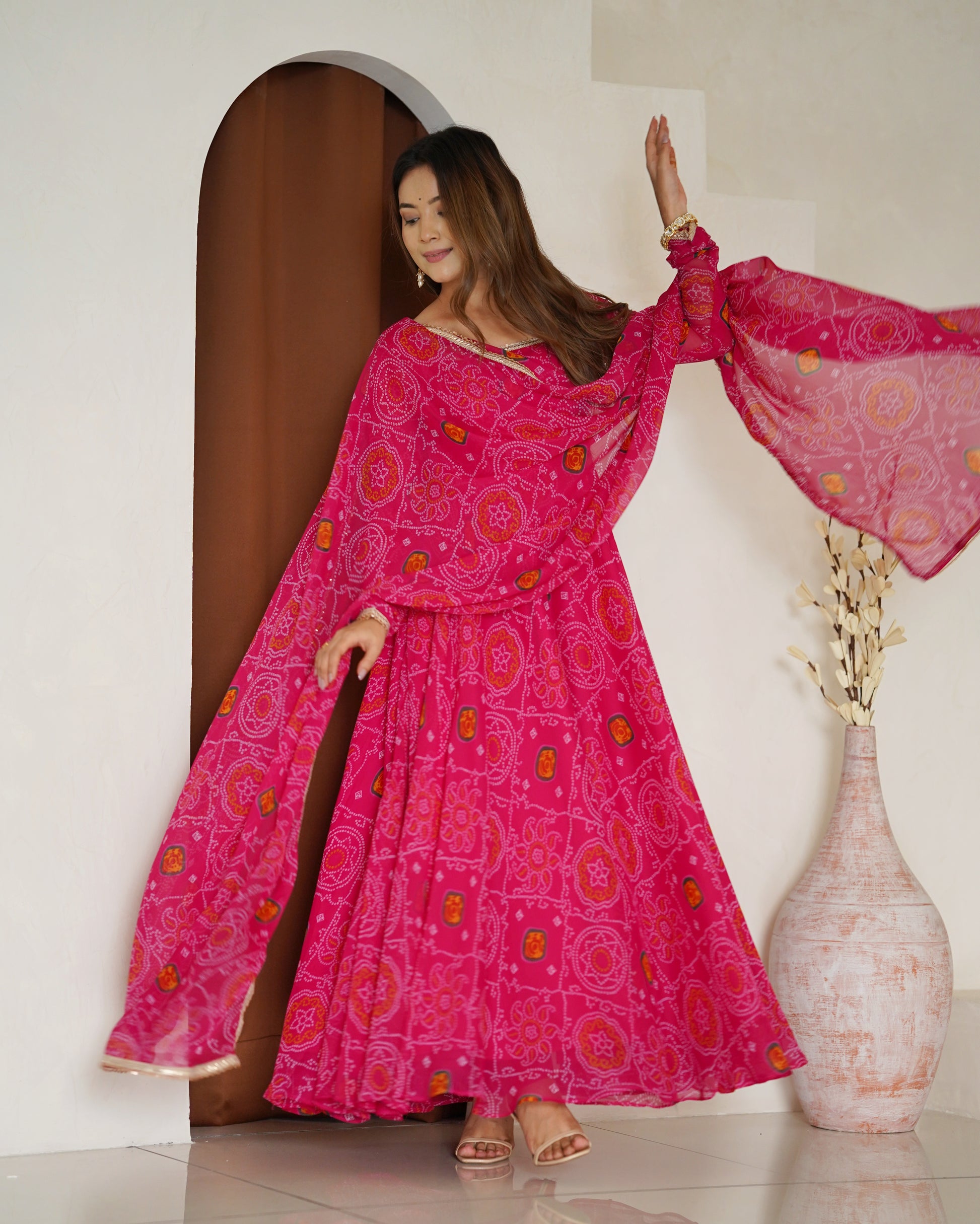 Stylish Pure Chiffon Intricate Bandhej Printed Anarkali Pant Suit - INDIAN ELEGANCE