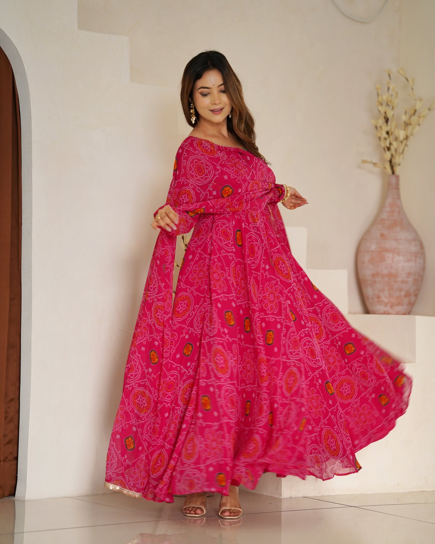 Stylish Pure Chiffon Intricate Bandhej Printed Anarkali Pant Suit - INDIAN ELEGANCE