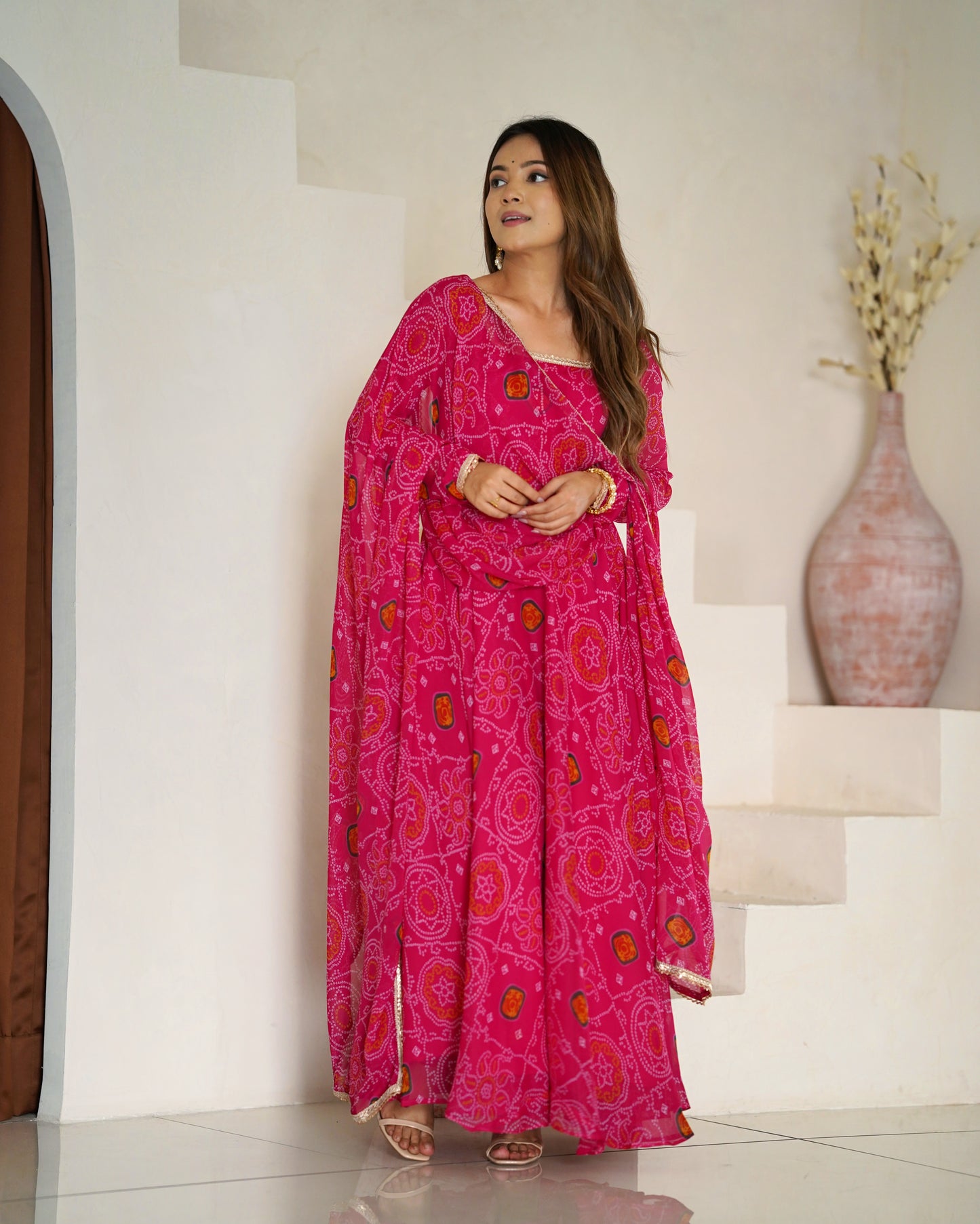 Stylish Pure Chiffon Intricate Bandhej Printed Anarkali Pant Suit - INDIAN ELEGANCE