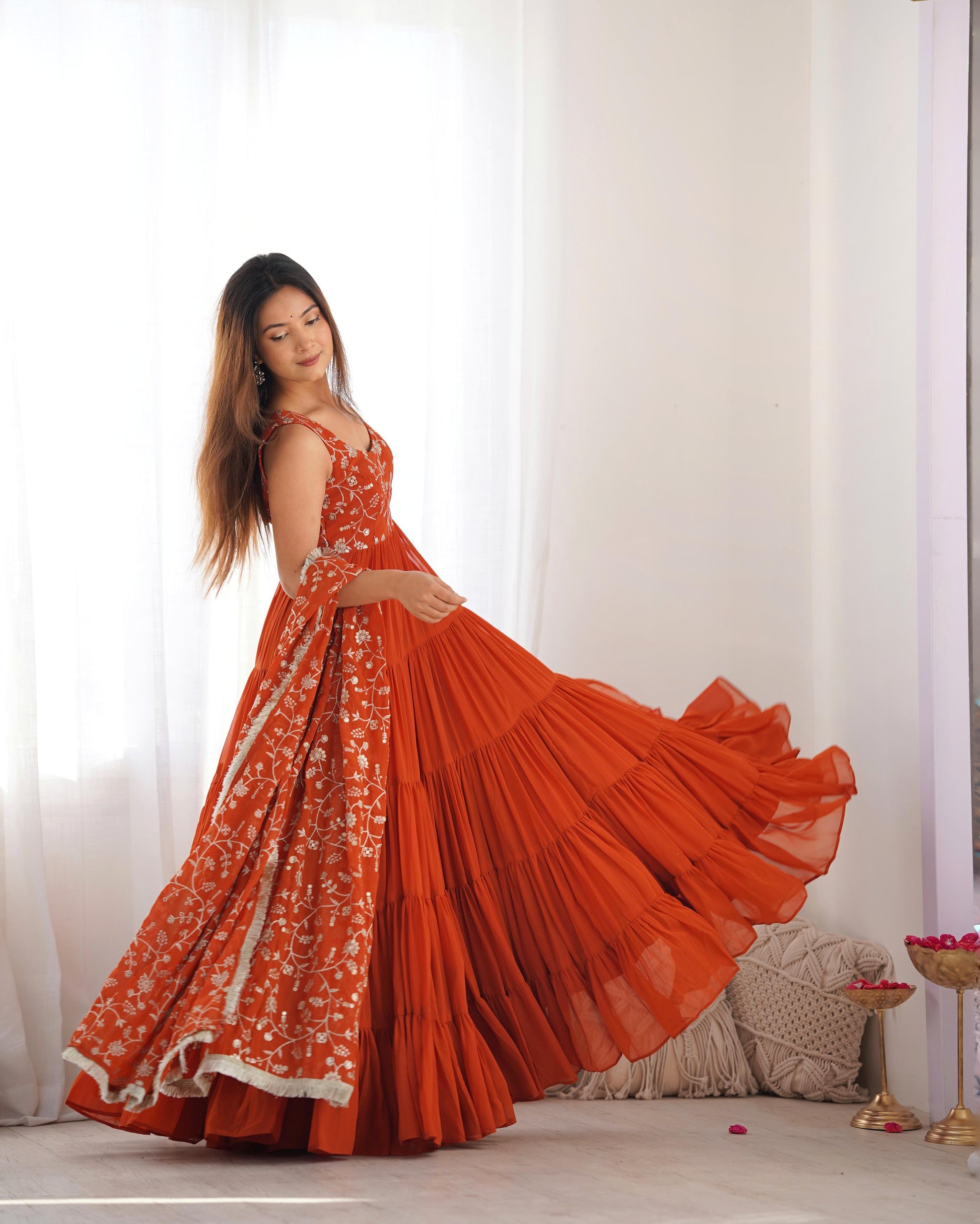 Regal Elegance in Every Twirl – Premium Rust Anarkali Set - INDIAN ELEGANCE