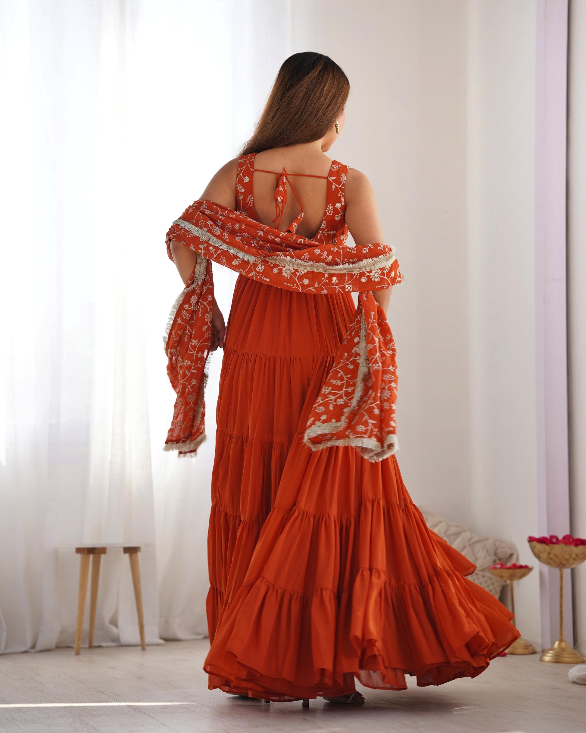 Regal Elegance in Every Twirl – Premium Rust Anarkali Set - INDIAN ELEGANCE