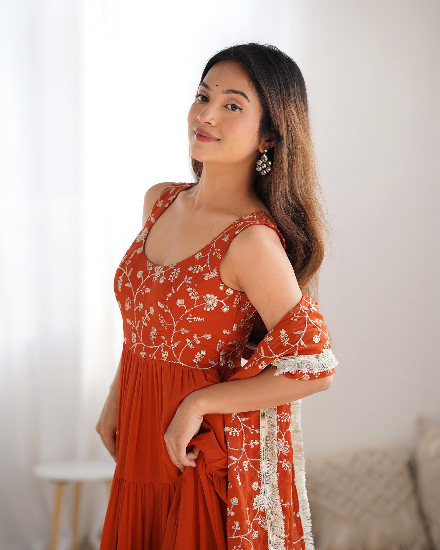Regal Elegance in Every Twirl – Premium Rust Anarkali Set - INDIAN ELEGANCE