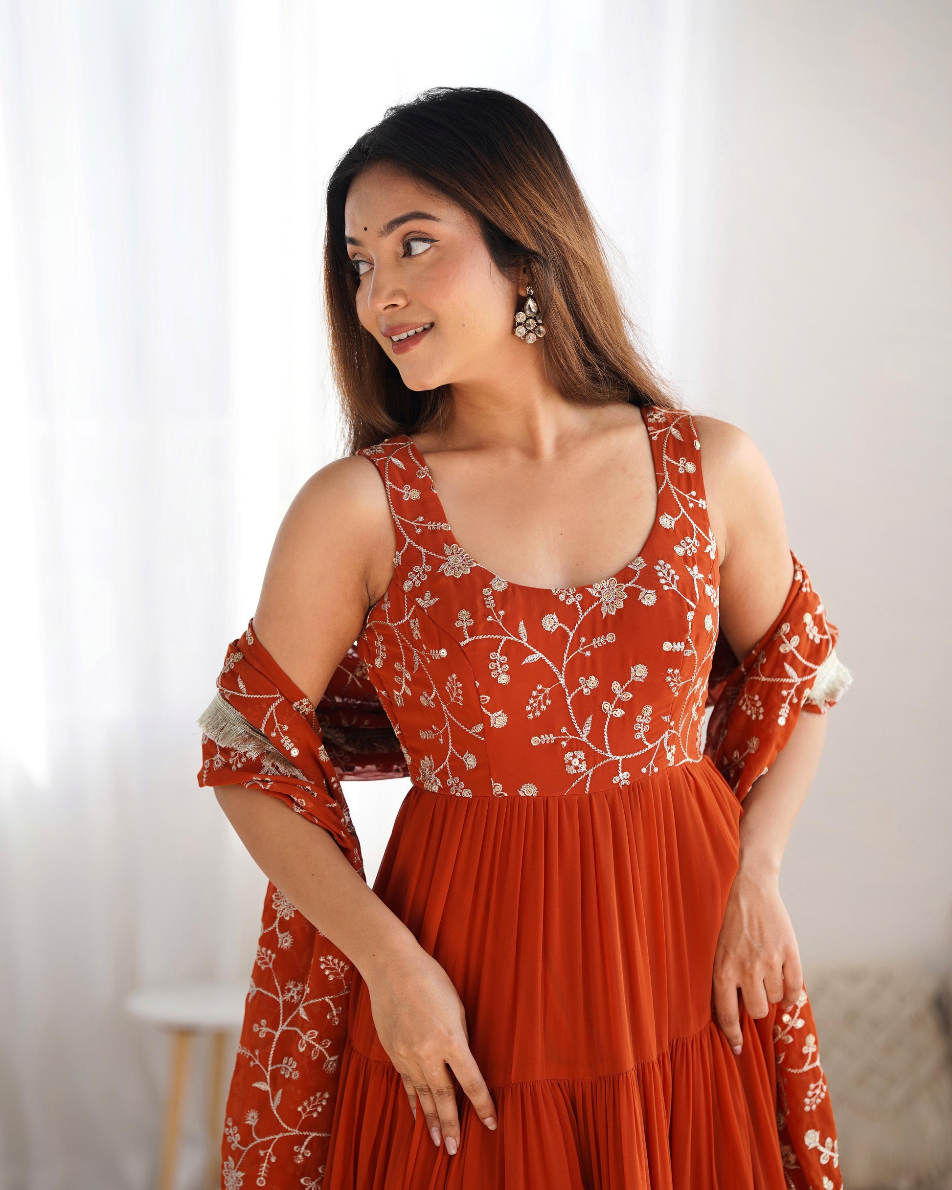 Regal Elegance in Every Twirl – Premium Rust Anarkali Set - INDIAN ELEGANCE