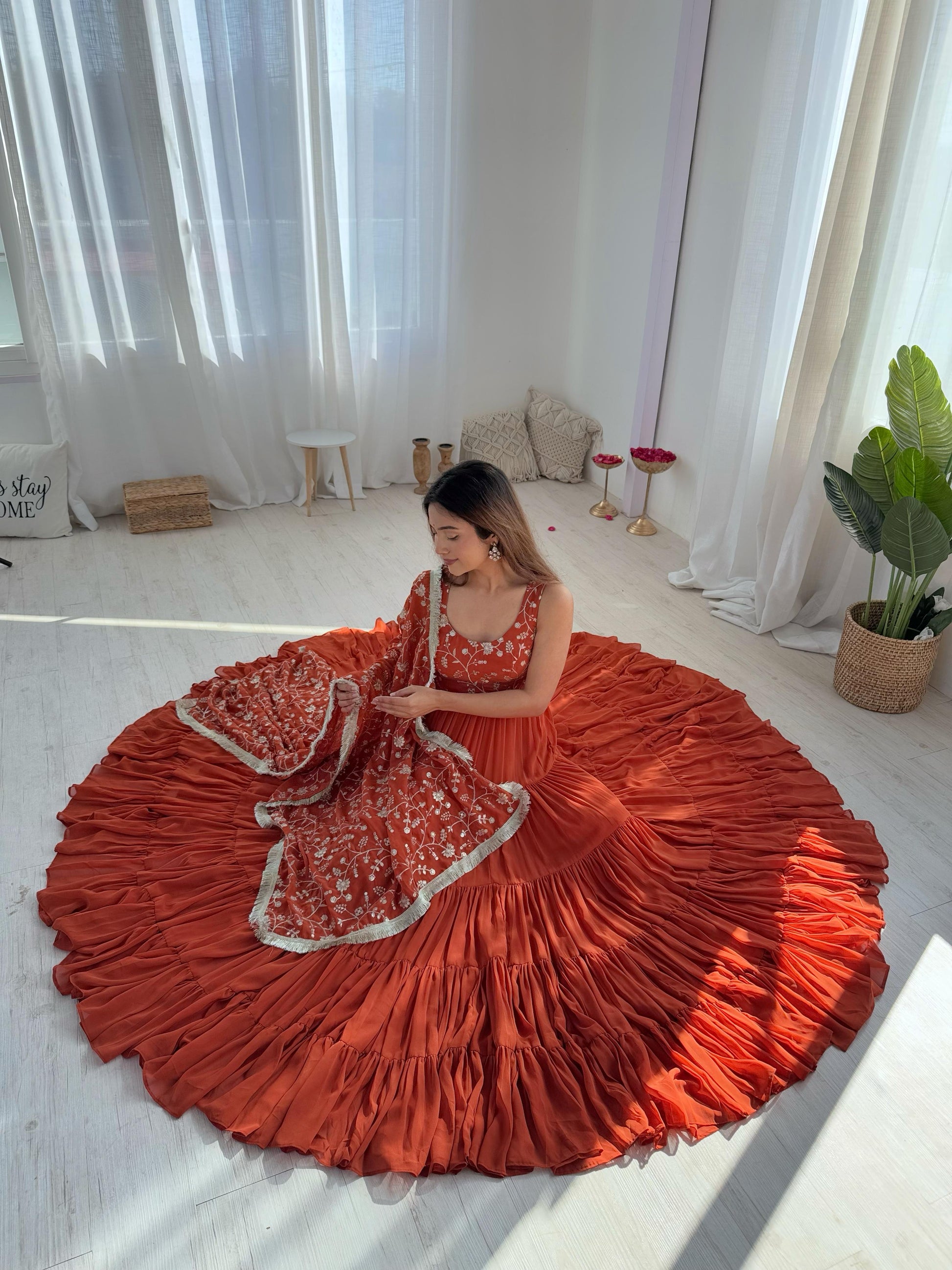 Regal Elegance in Every Twirl – Premium Rust Anarkali Set - INDIAN ELEGANCE