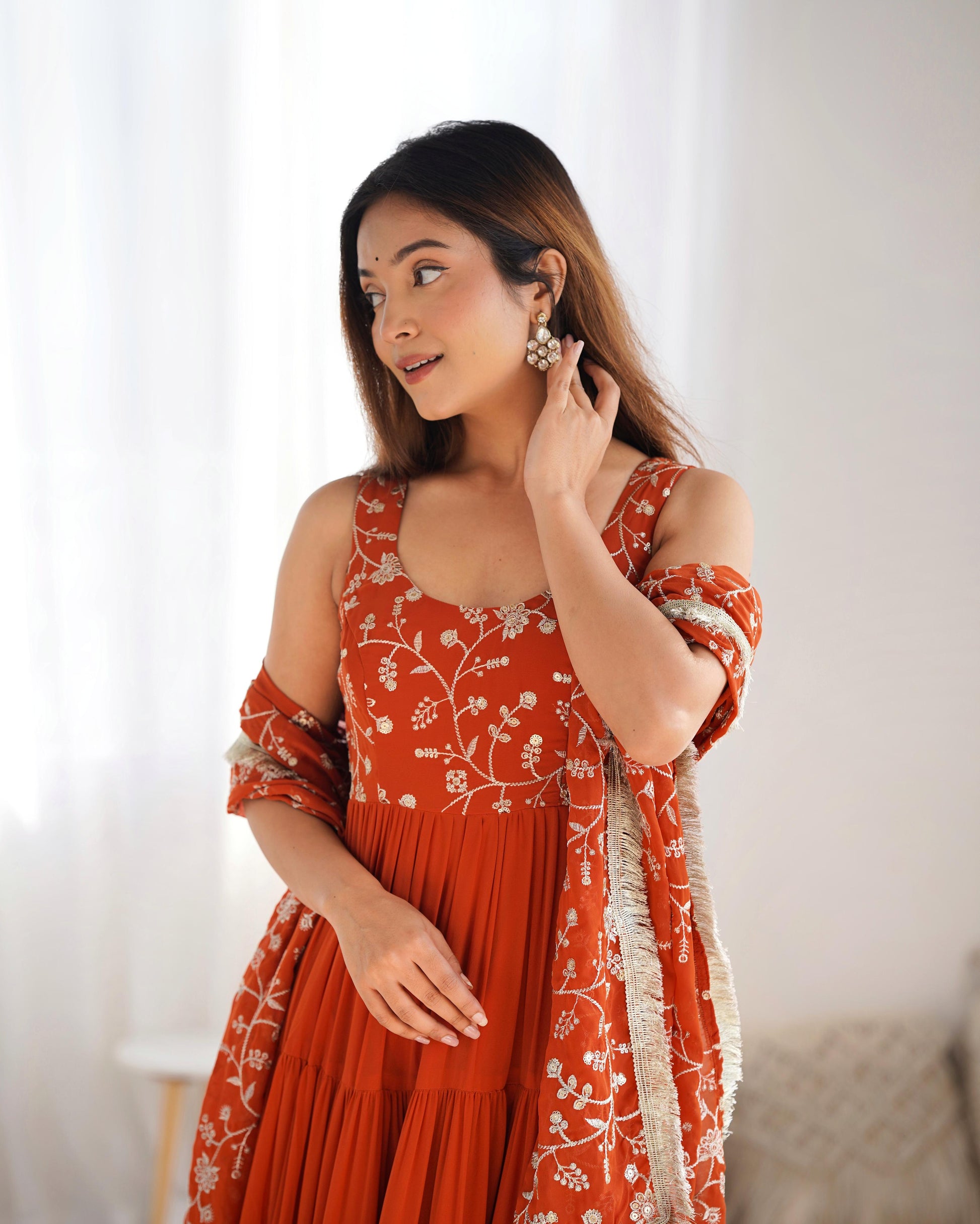 Regal Elegance in Every Twirl – Premium Rust Anarkali Set - INDIAN ELEGANCE
