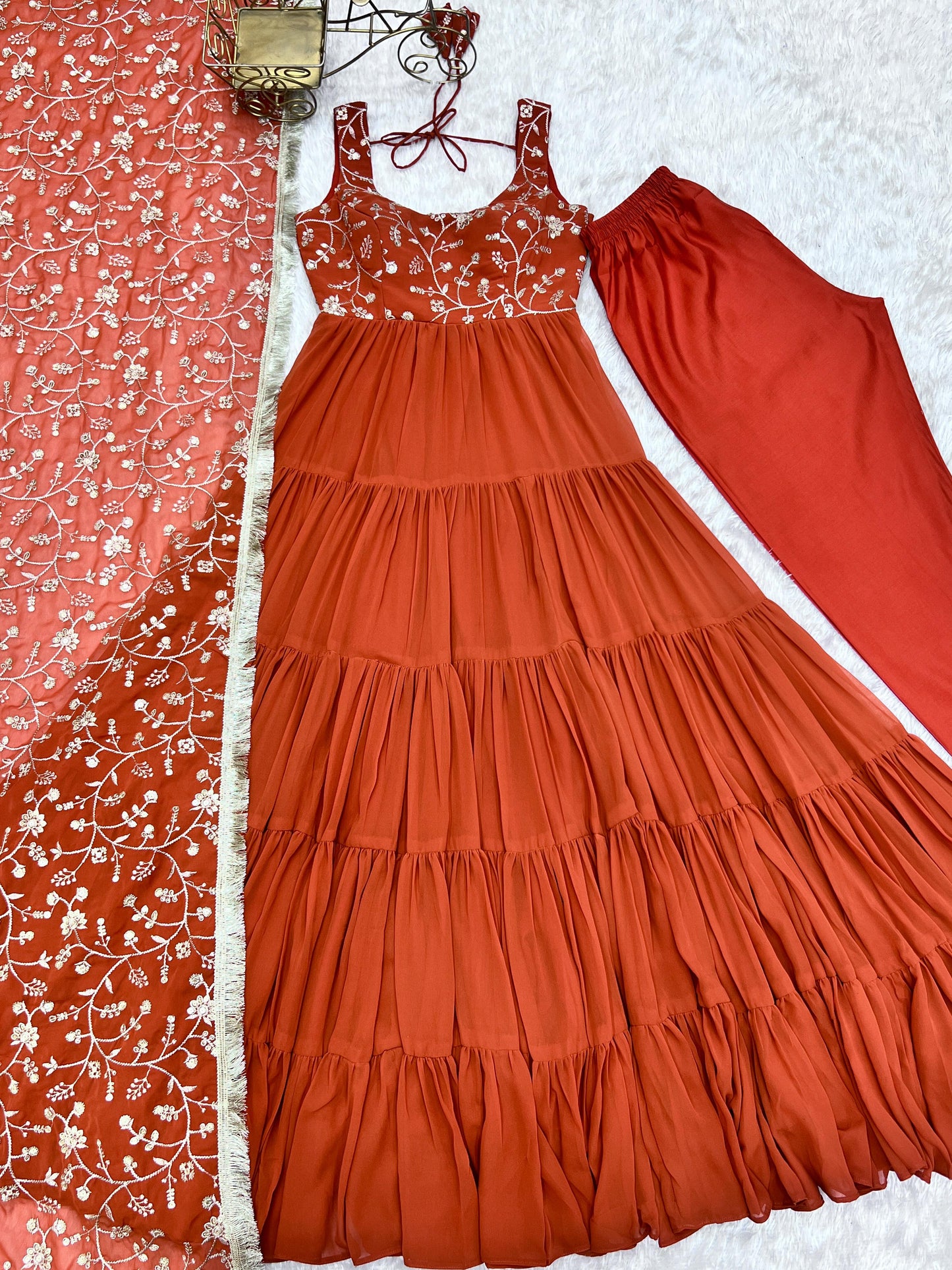 Regal Elegance in Every Twirl – Premium Rust Anarkali Set - INDIAN ELEGANCE