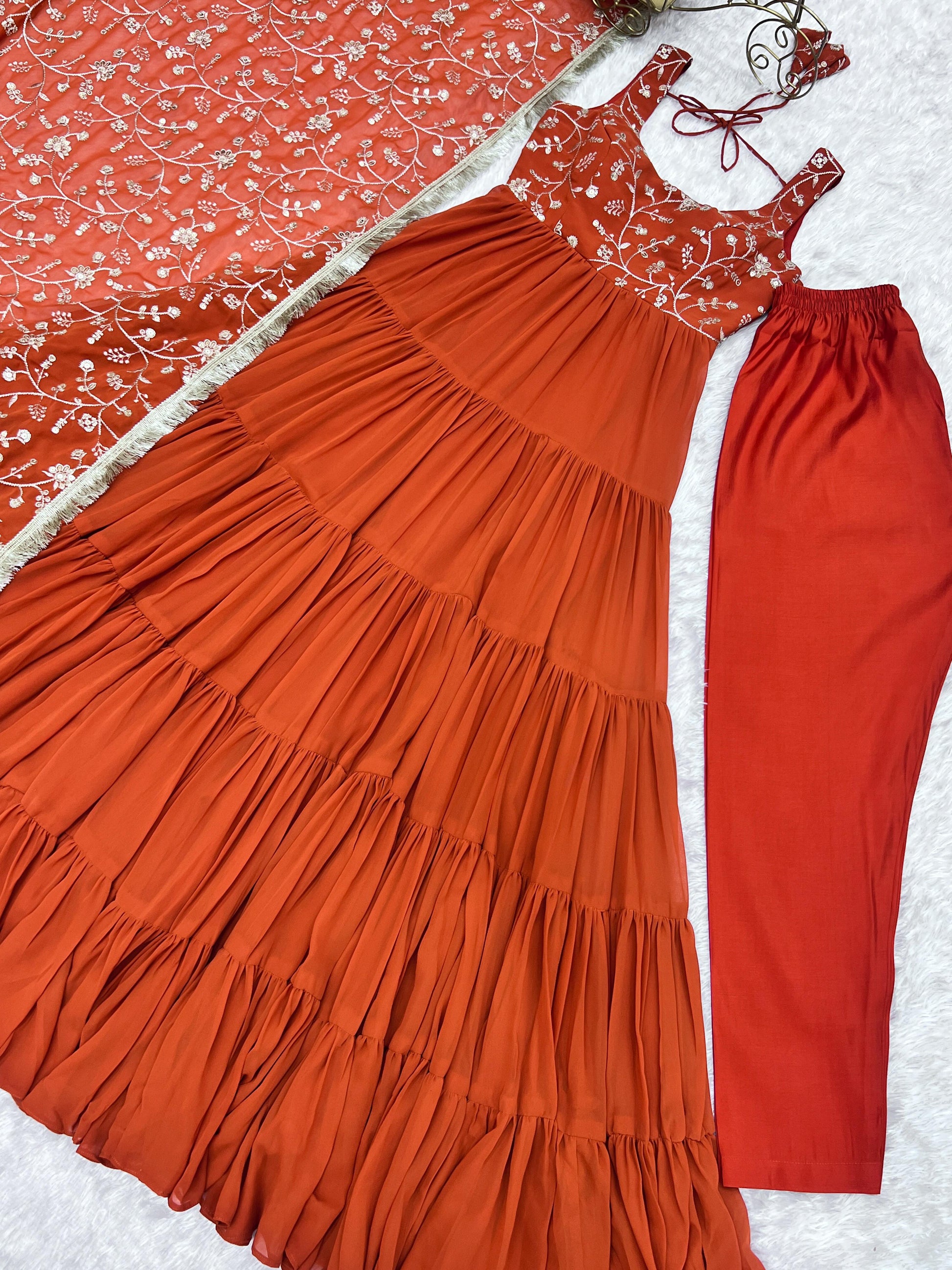 Regal Elegance in Every Twirl – Premium Rust Anarkali Set - INDIAN ELEGANCE