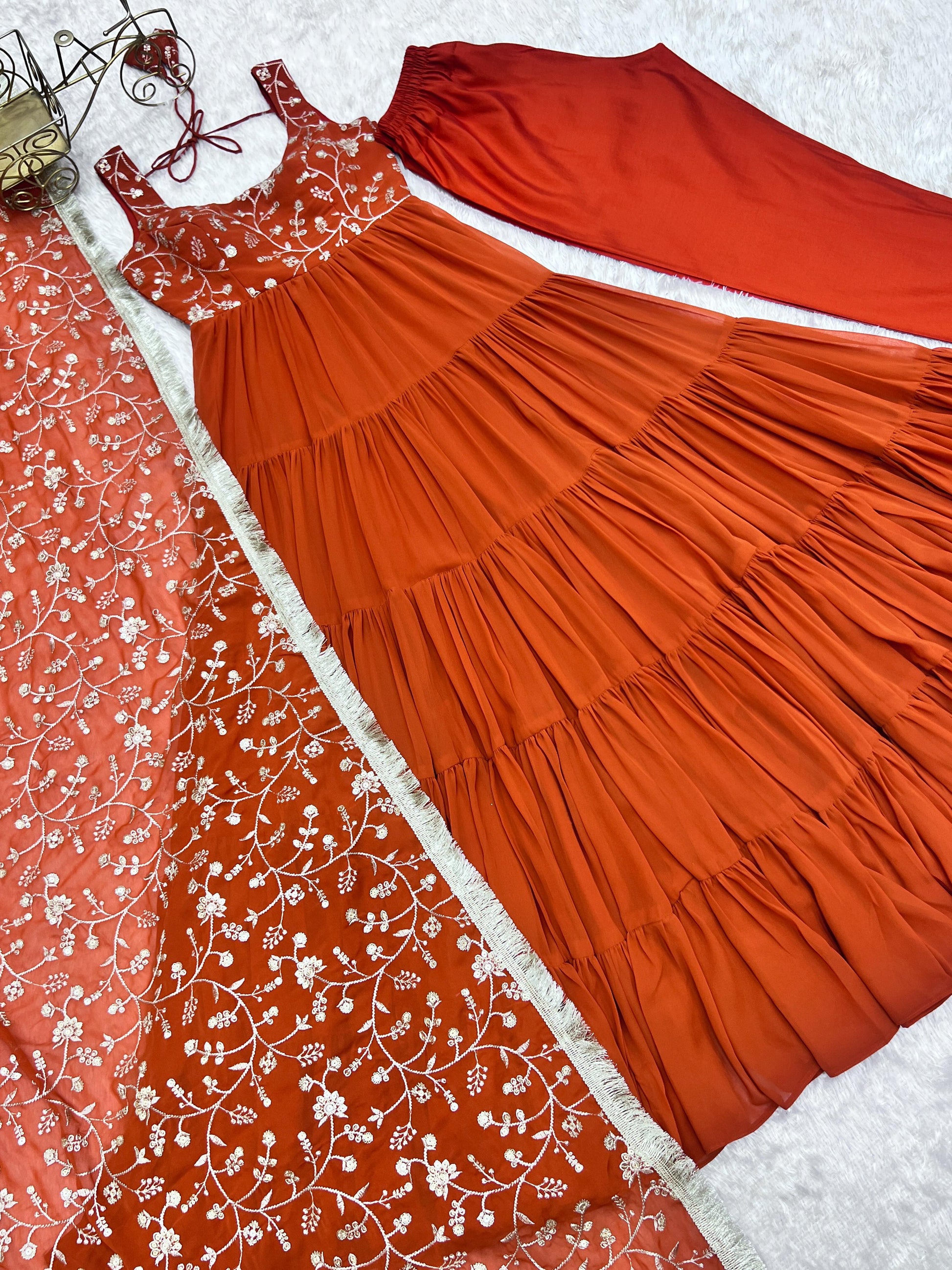 Regal Elegance in Every Twirl – Premium Rust Anarkali Set - INDIAN ELEGANCE