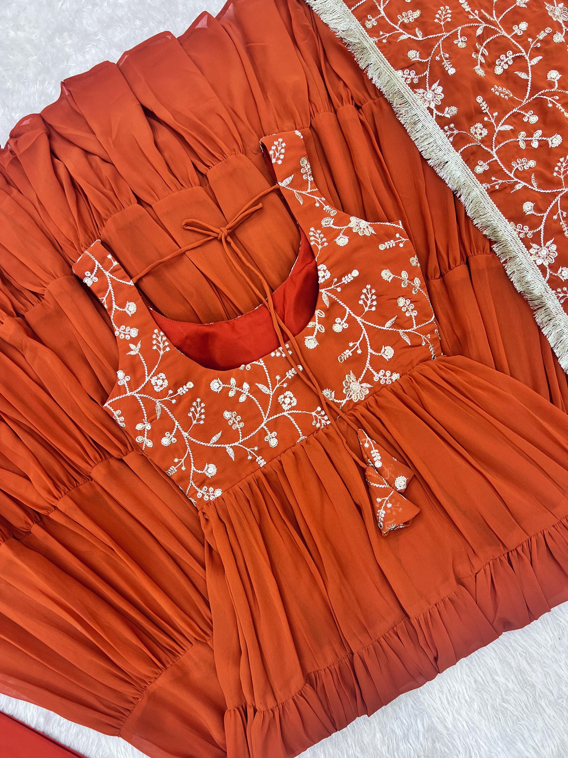 Regal Elegance in Every Twirl – Premium Rust Anarkali Set - INDIAN ELEGANCE