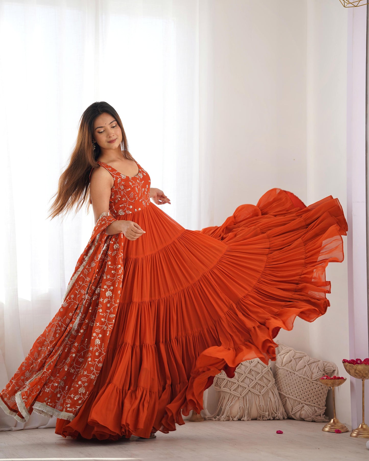 Regal Elegance in Every Twirl – Premium Rust Anarkali Set - INDIAN ELEGANCE