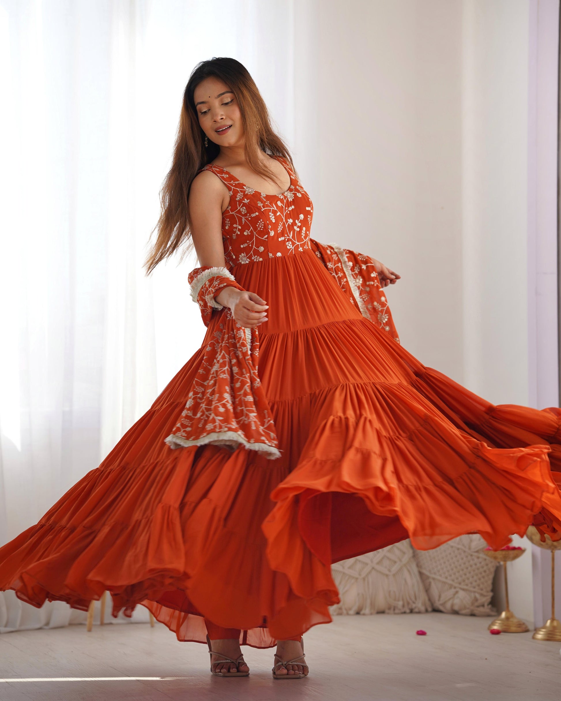 Regal Elegance in Every Twirl – Premium Rust Anarkali Set - INDIAN ELEGANCE