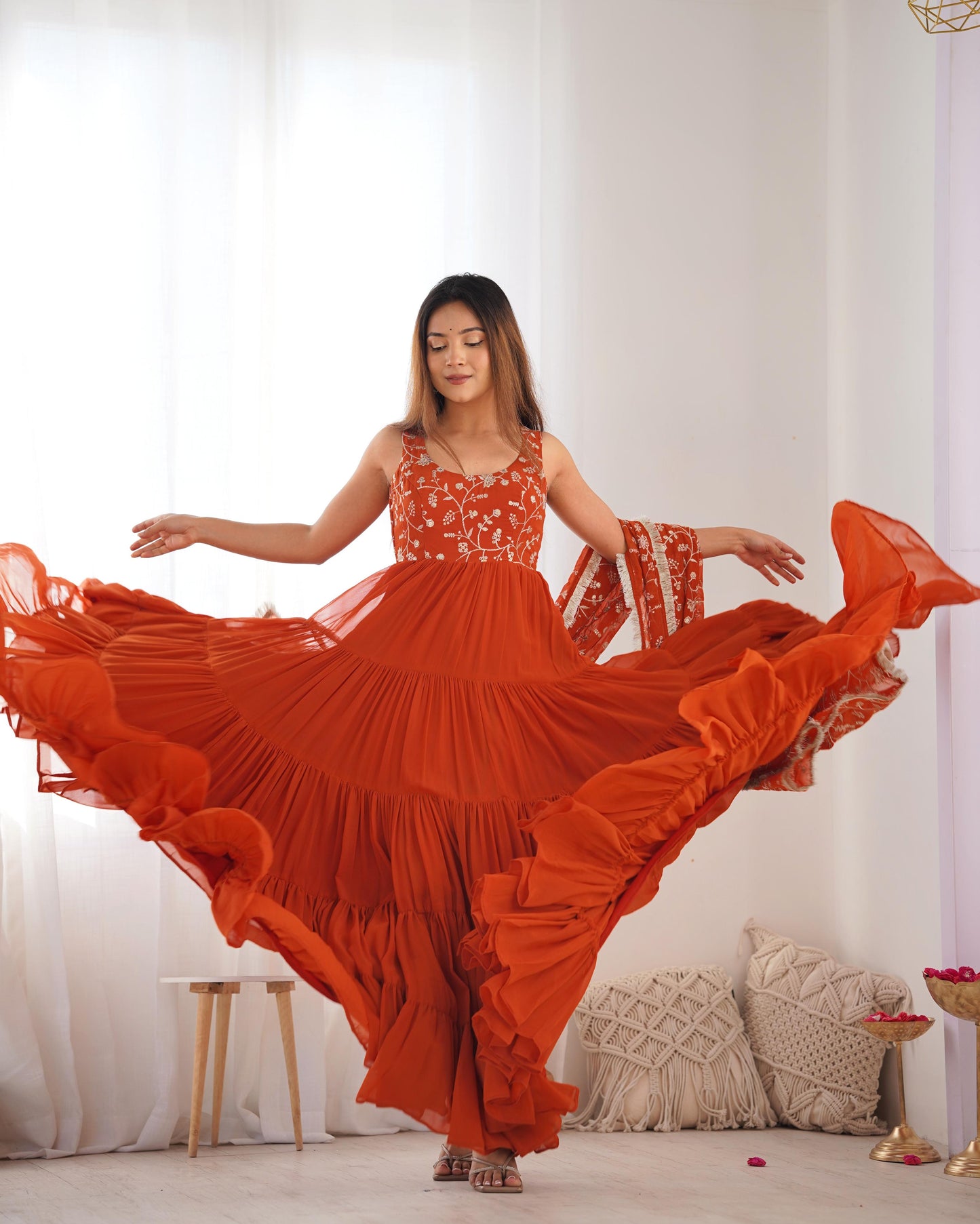 Regal Elegance in Every Twirl – Premium Rust Anarkali Set - INDIAN ELEGANCE