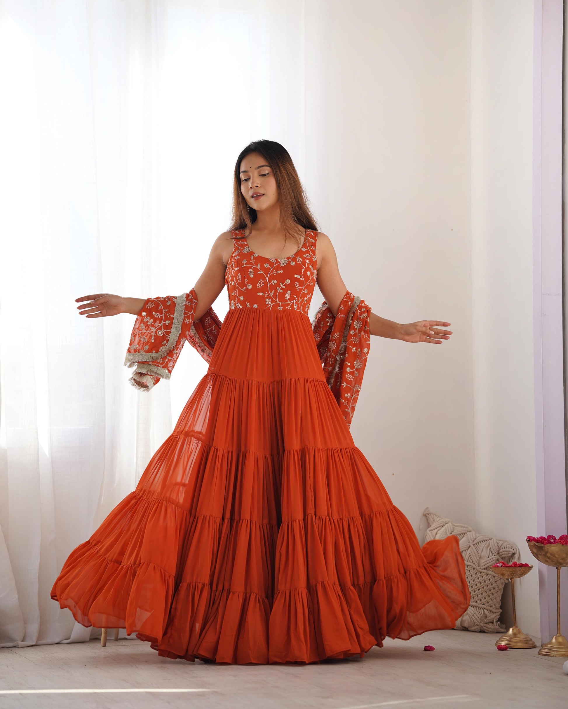 Regal Elegance in Every Twirl – Premium Rust Anarkali Set - INDIAN ELEGANCE